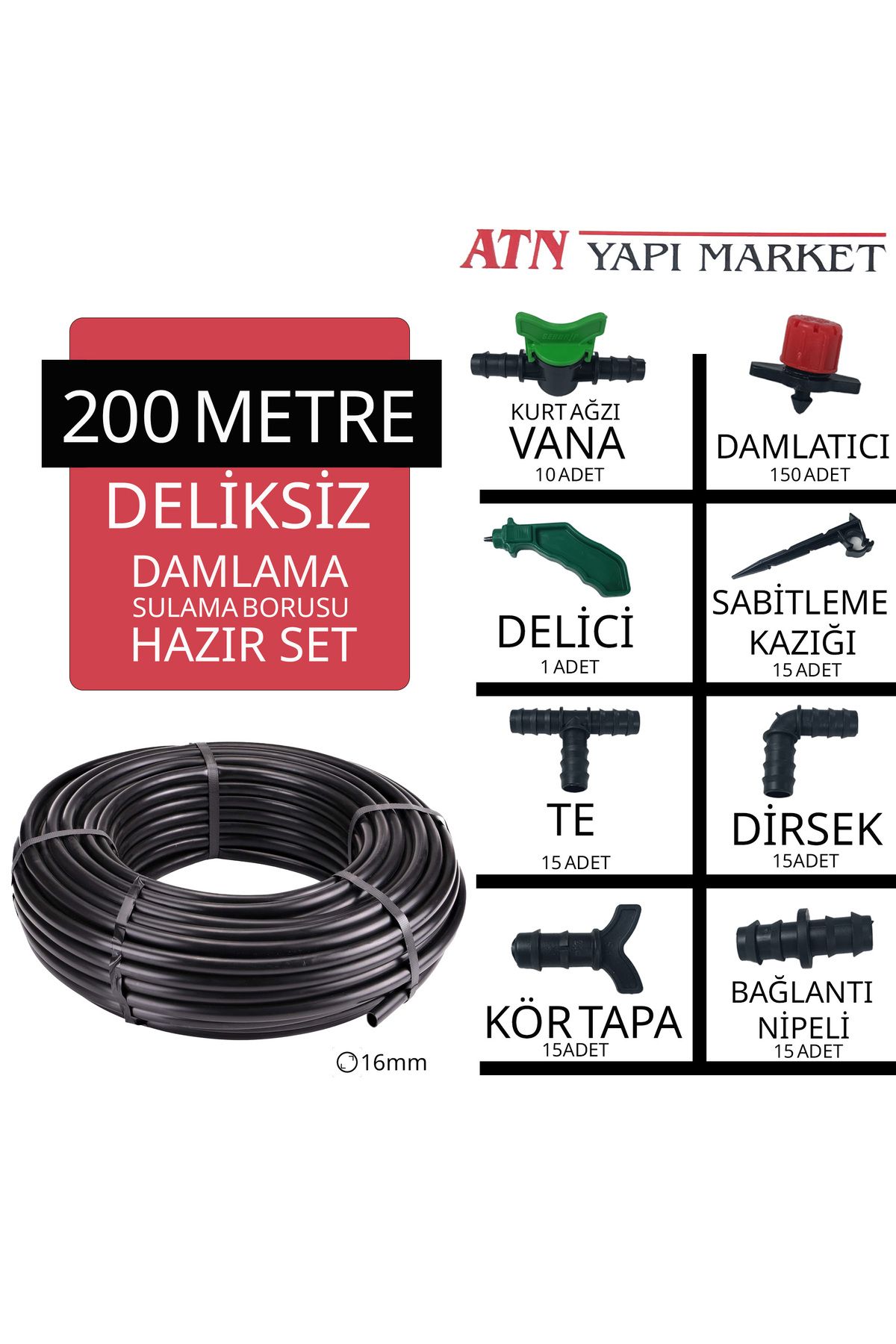 ATN 200 Metre Deliksiz Damlama Sulama Sistemi Seti - Hazır Kurulum Bahçe Ve Tarla Sulama Kiti