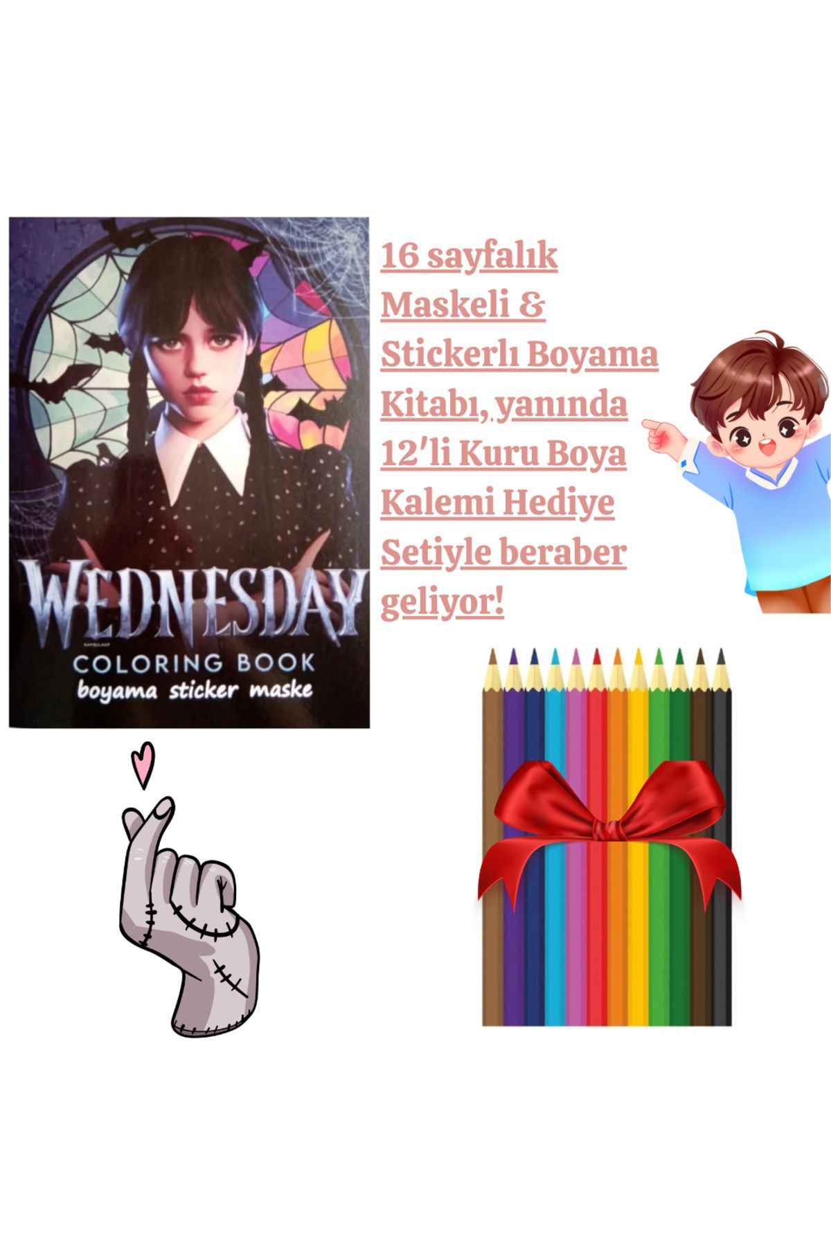 booddie Wednesday Boyama Kitabı Stickerlı (arka Kapak Kesilerek Maskeli ) 12'li Kuru Boya Kalem Seti