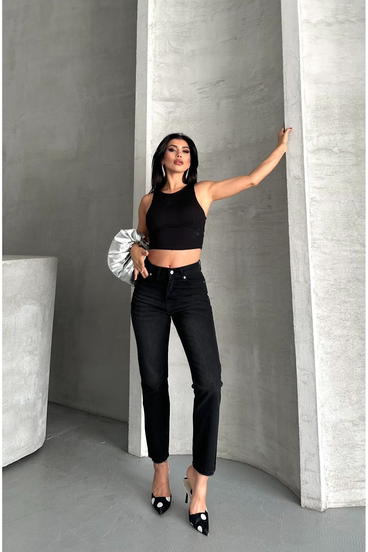 DESTEMODA Kadın Mom Fıt Denim Pantolon Bıyık Kimyasal Kar Yıkama Siyah 4005
