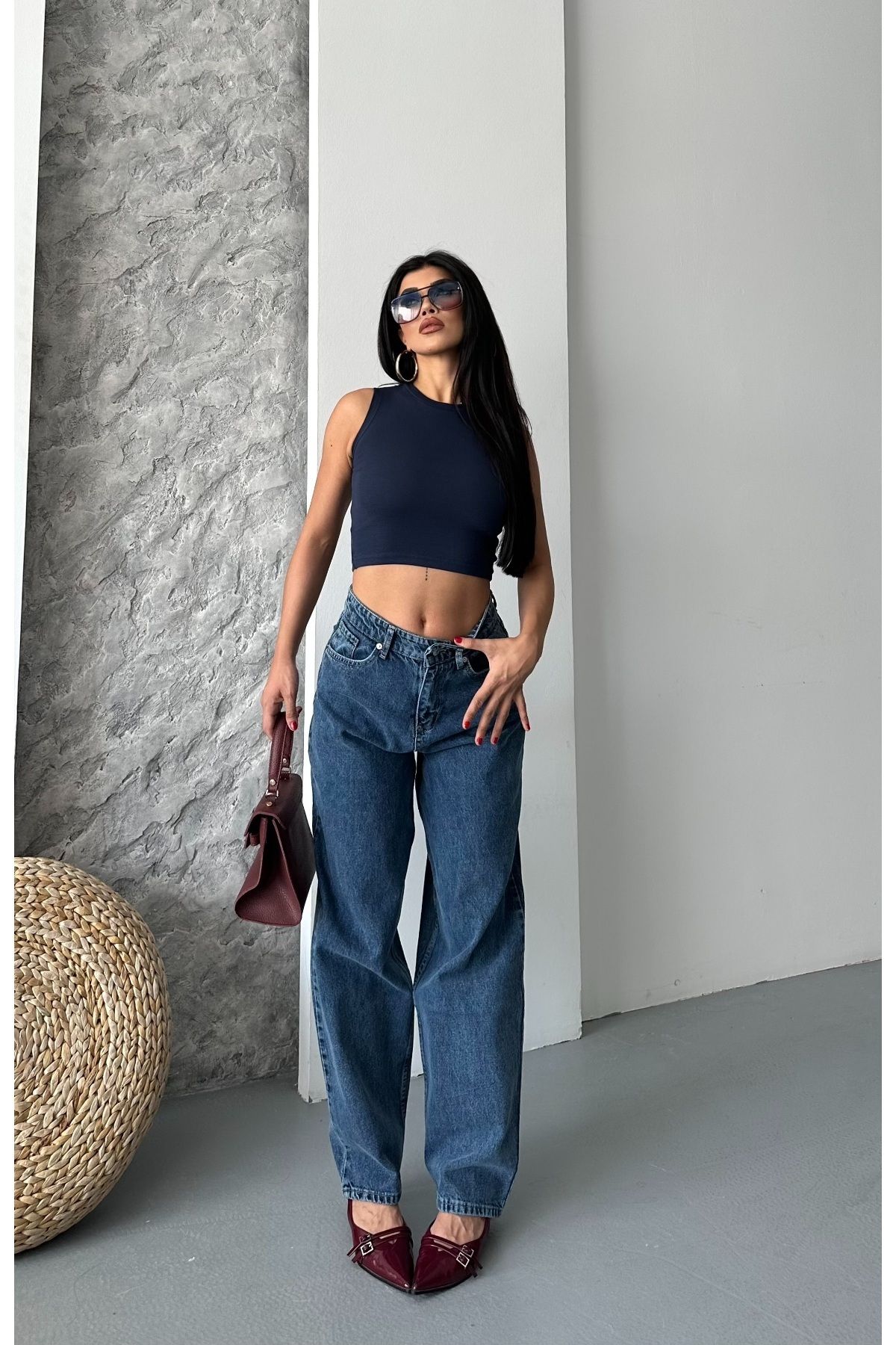 DESTEMODA Kadın Baggy Jeans Kot Pantolon Kar Yıkamalı Denim Koyu Mavi 4004