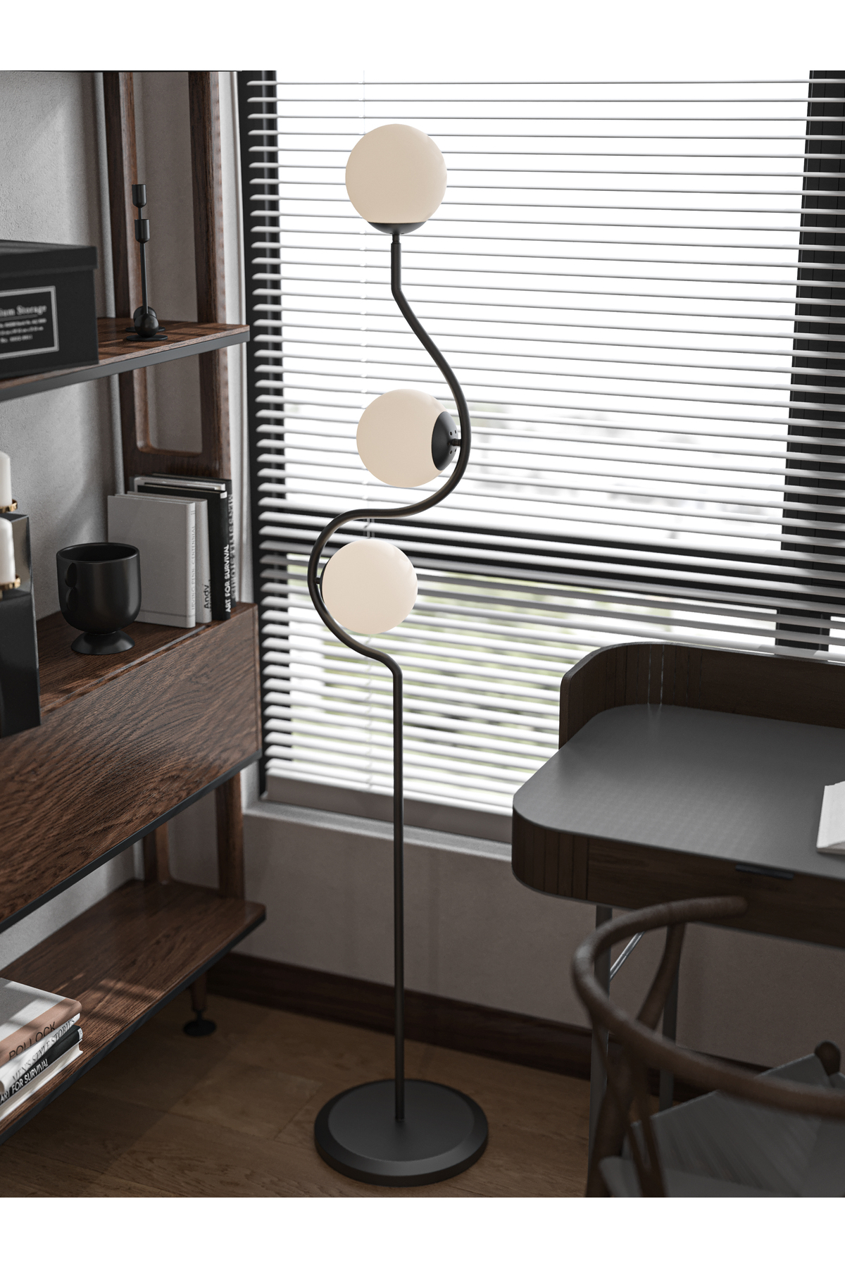 Perla 3-Piece Black Metal White Glass Globe Floor Lamp - Curved Modern Floor Lamp