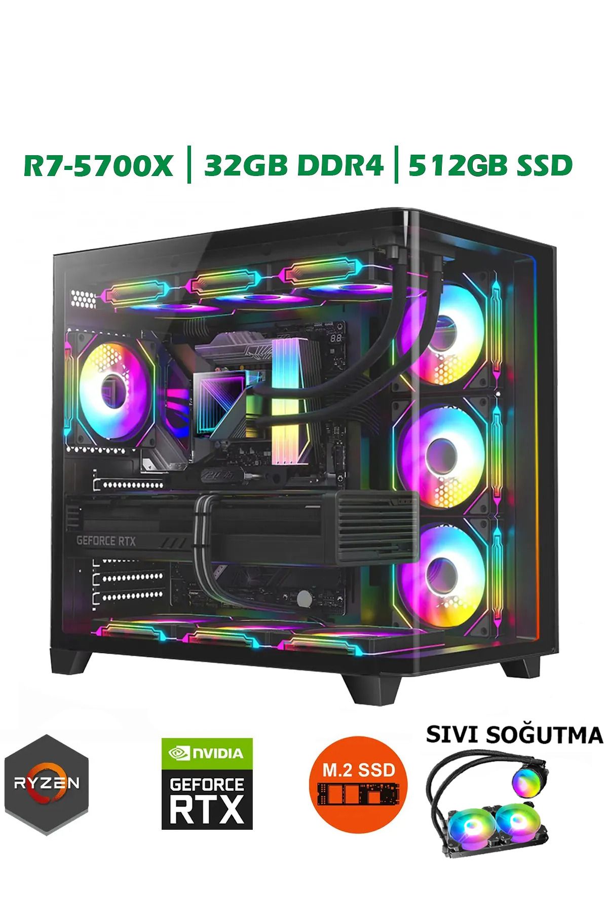 Dmc N311 (PUBG,GTA 5) Ryzen 7 5700X 32GB RAM 512GB M.2 SSD,RTX3050 Sıvı Soğutmalı Oyuncu Bilgisayarı