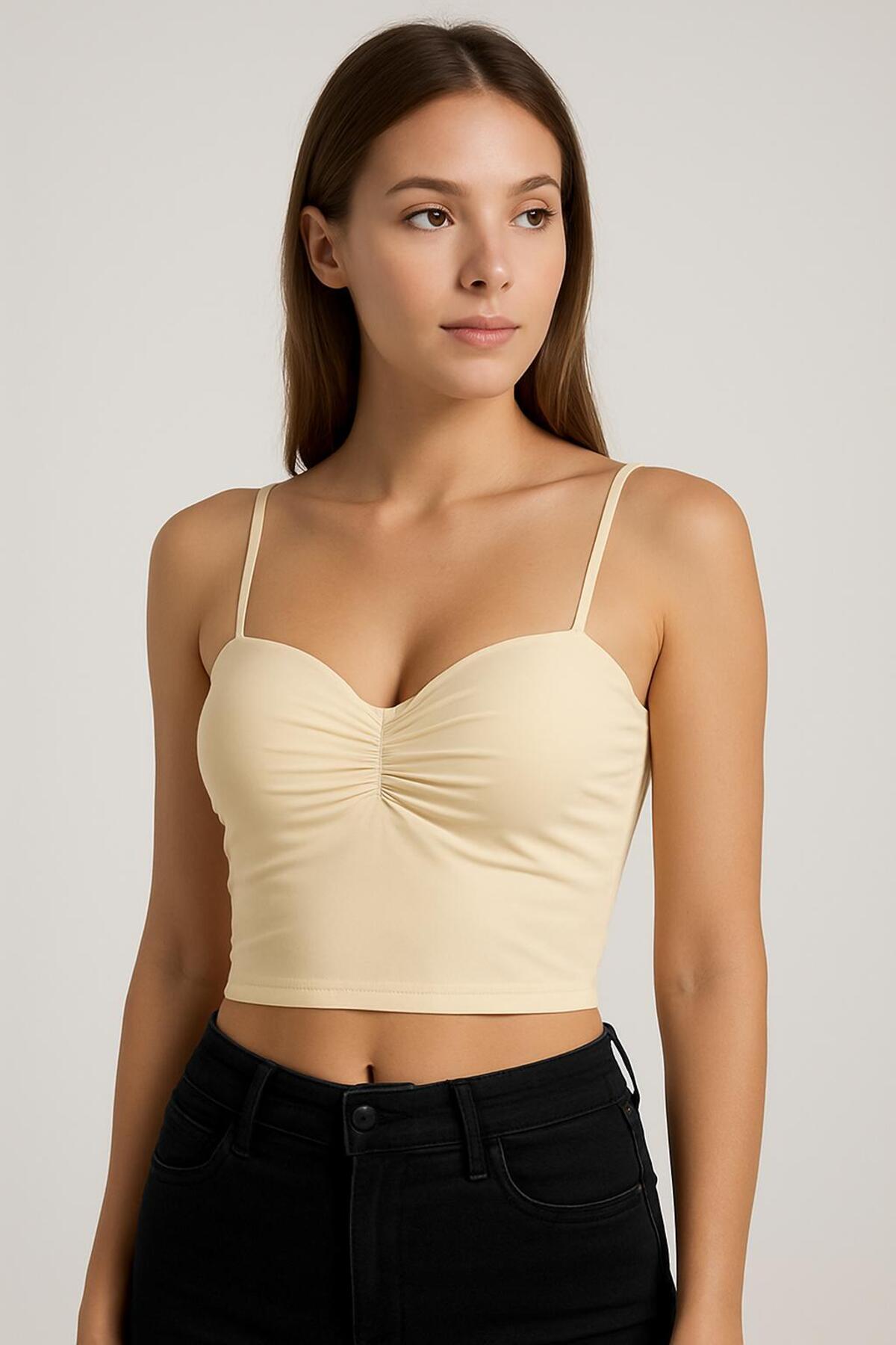 DE JUMO  Bej Ten Renginde Destekli Askılı Mikro Straplez Kadın Büstiyer Crop Atlet