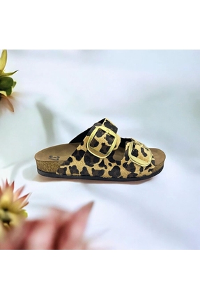 EFW Anetta Kadın Kalın Çift Toka Leopar Terlik