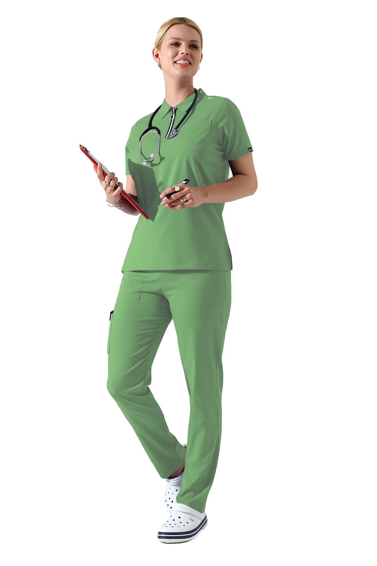 BEDUCA Mint Yeşili Likralı Polo Yaka Fermuarlı Scrubs Takımı, Estetisyen Ve Güzellik Merkezi Kıyafeti
