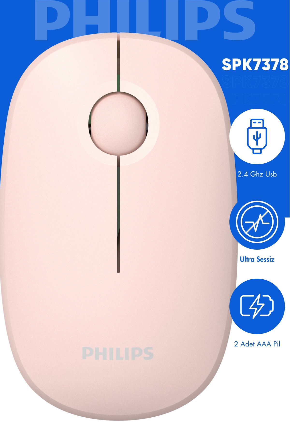 Philips Spk7378 Kablosuz Mouse 1600dpı 3 Tuşlu Wireless Mouse Pil Dahil Sessiz Mouse Pembe