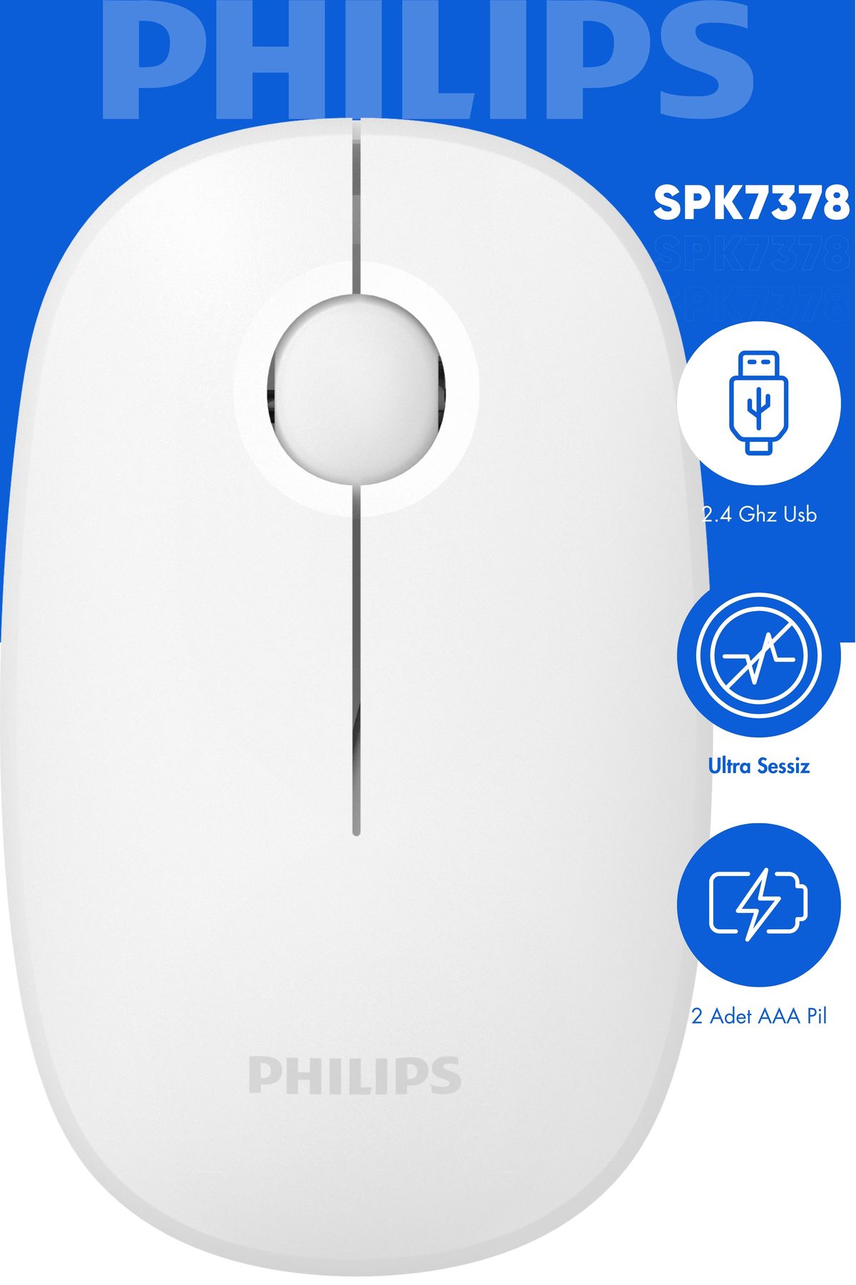 Philips Spk7378 Kablosuz Mouse 1600dpı Wireless Mouse Pil Dahil Sessiz Mouse Resmi Distribütör Beyaz