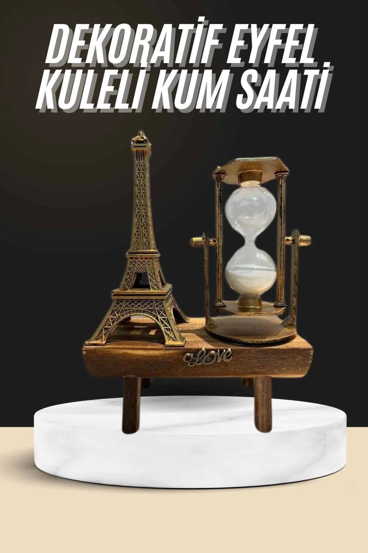Heez Retro Eyfel Kulesi Ve Kum Saati Dekoratif Ahşap Görünümlü Masa Biblosu