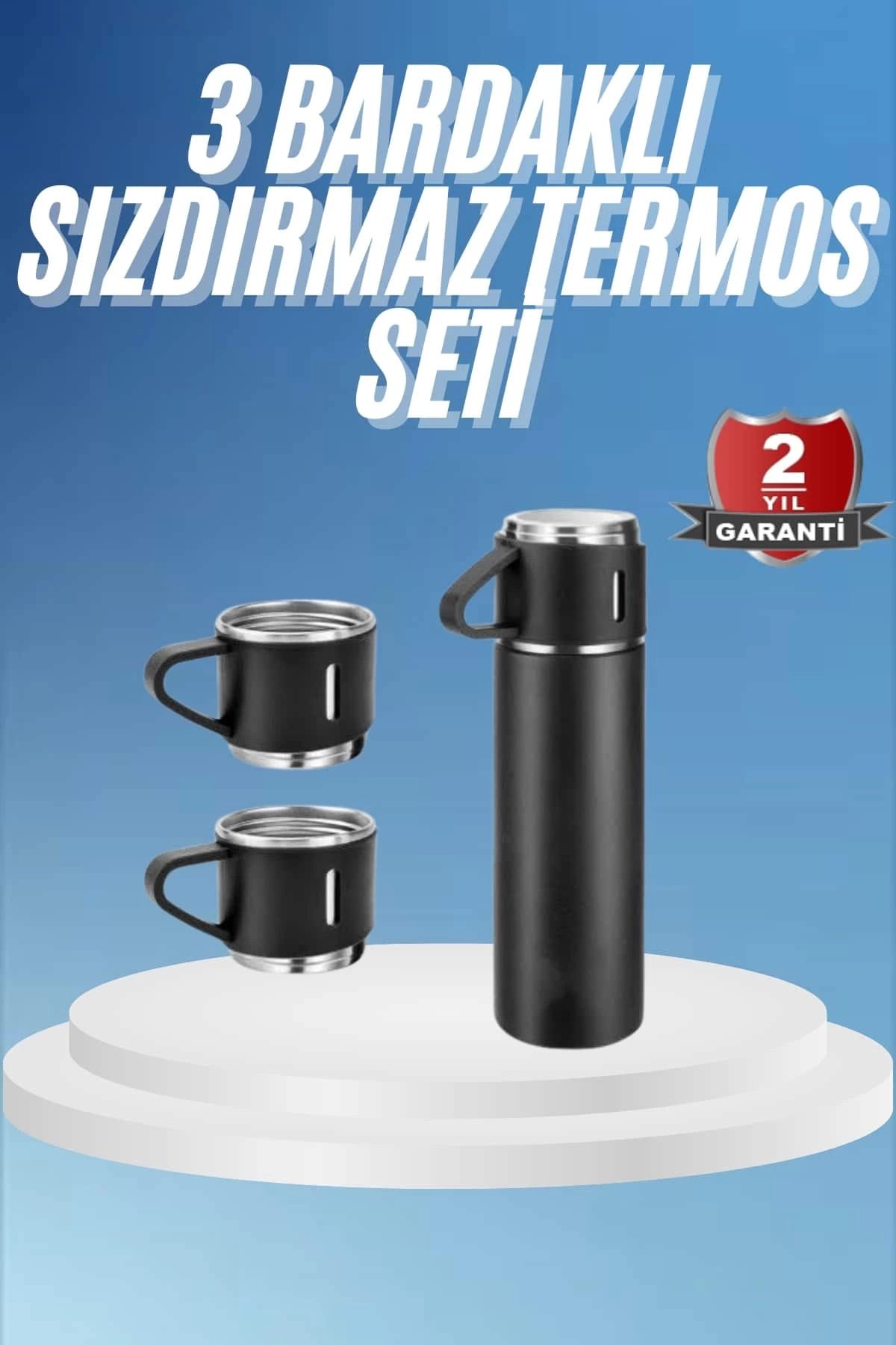 Heez Termos Paslanmaz Çelik Termos Siyah Renk 3 Bardaklı Termos Seti