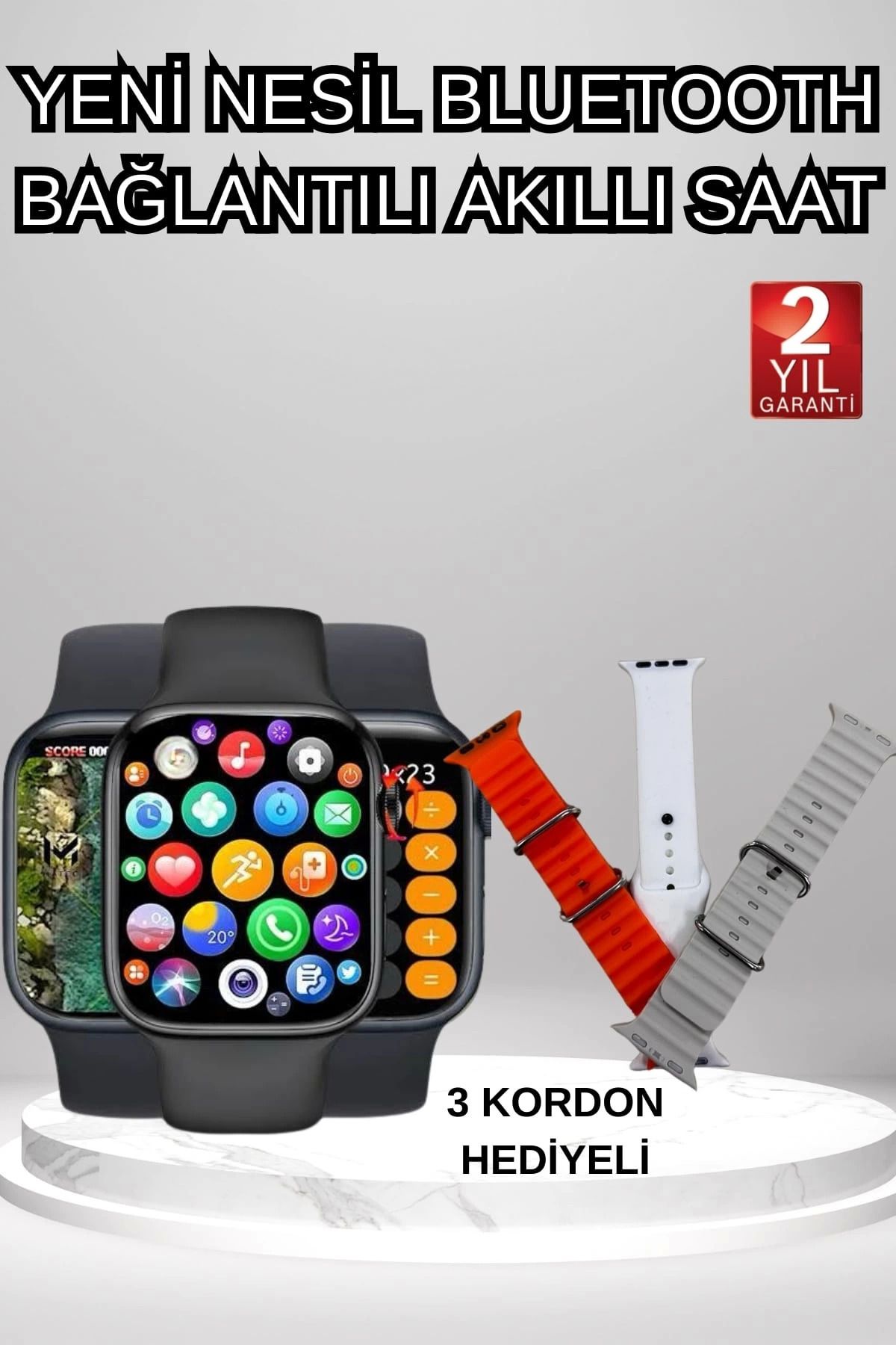 MELFSHOP Akıllı Saat Arama Görüşme Bildirim Görme Uyku ve Sağlık Takibi Nabız Ölçer 3 Kordon Hediyeli