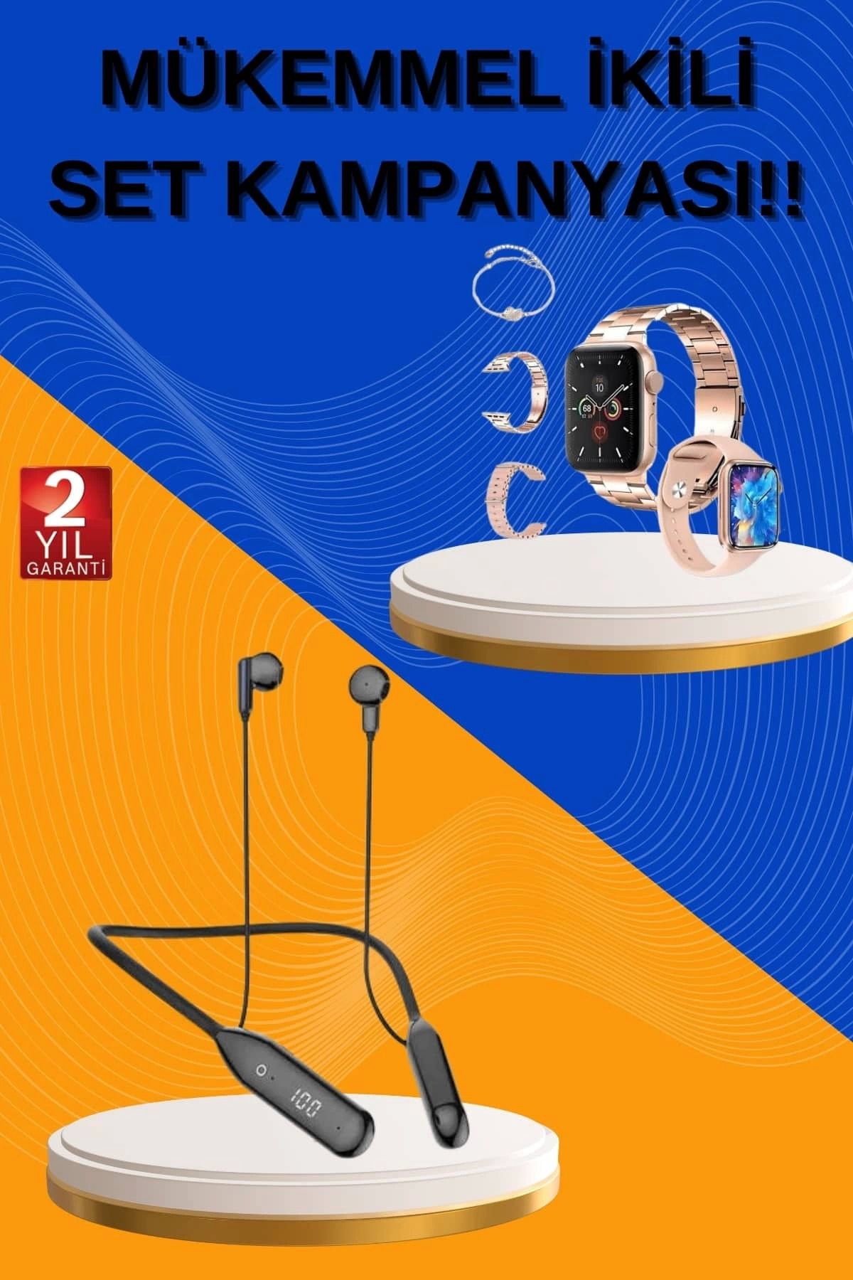MELFSHOP Kablolu Bluetooth Kulaklık ve Kadınlara Özel Bileklik Hediyeli Yeni Nesil Akıllı Saat 3 Kordonlu