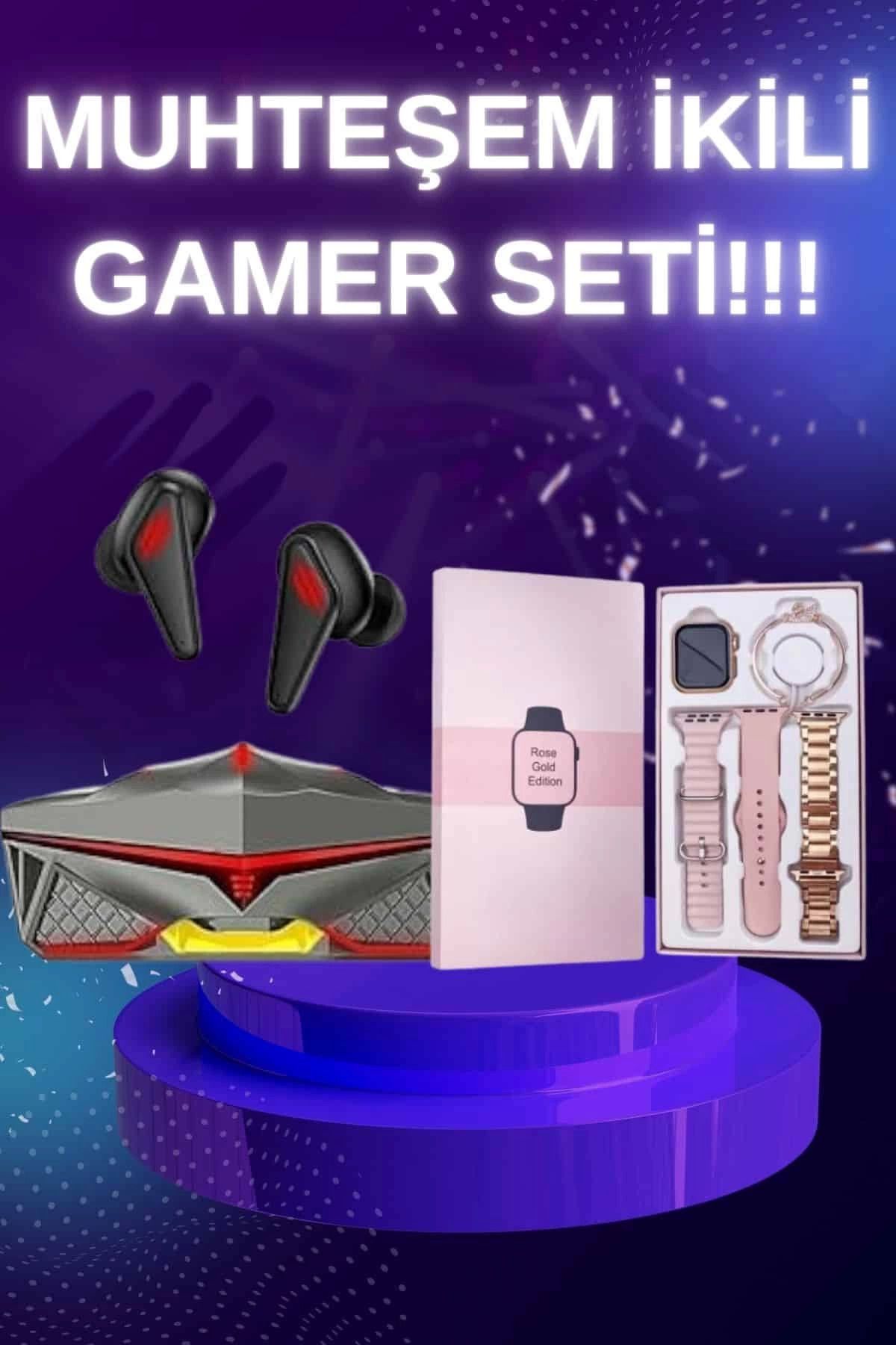 MELFSHOP Yeni Nesil Pembe Dokunmatik Ekran Akıllı Saat ve Oyuncu Kulaklığı Kablosuz Bluetooth Kulaklık