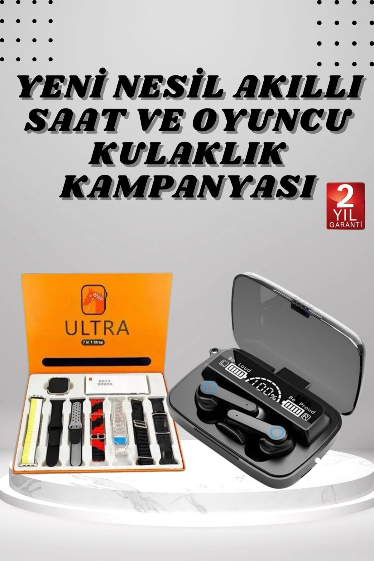 MELFSHOP Dijital Göstergeli Powerbank Kulaklık ve 7 Kordonlu Yeni Nesil Akıllı Saat Amoled Ekran