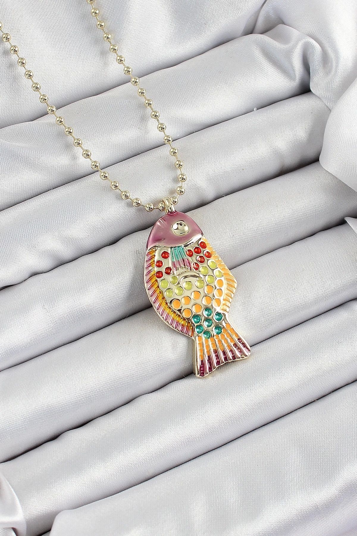 GLIMMERY Pirinç Rainbow Balık Model Zirkon Taşlı Gold Renk Kadın Kolye