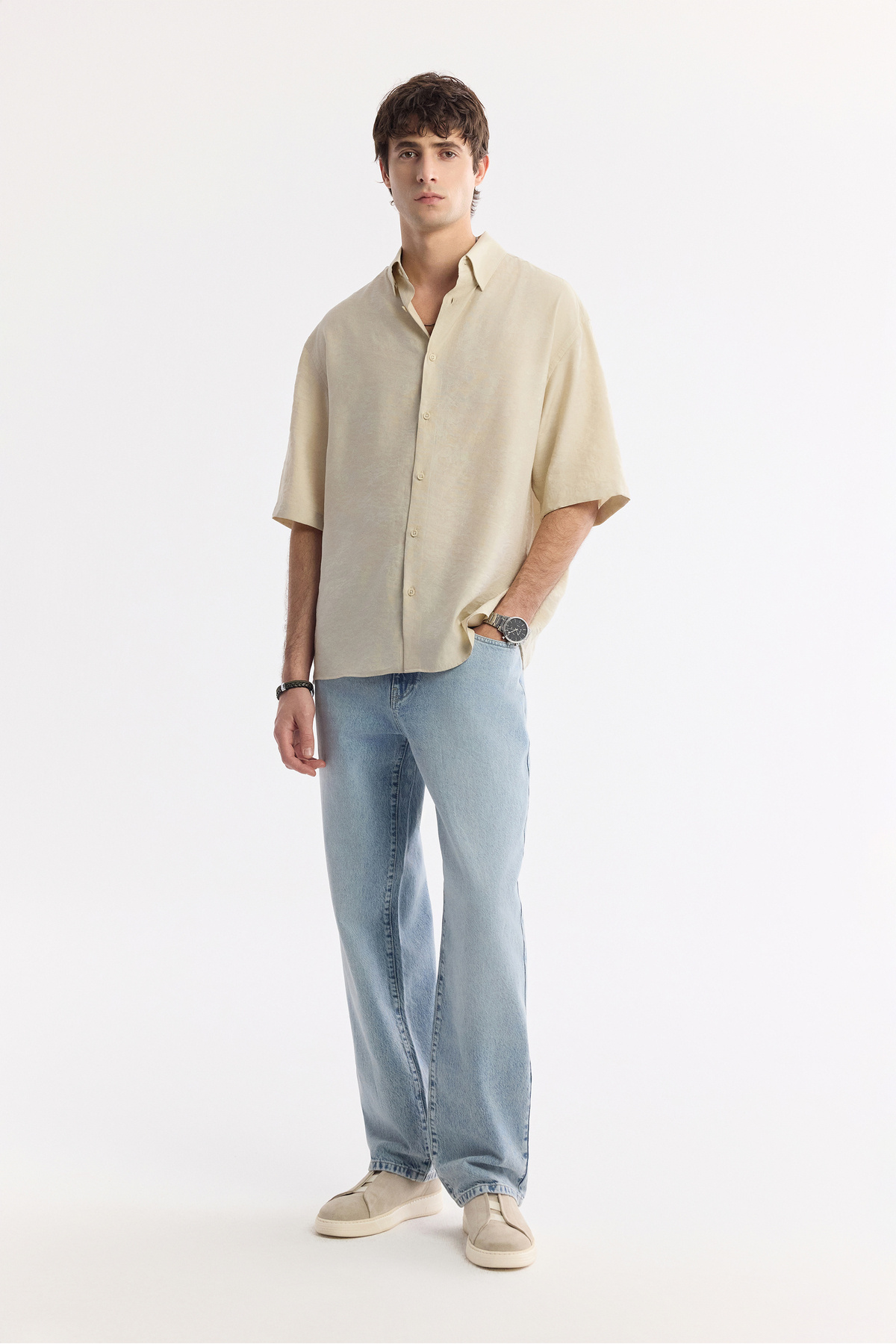 Avva-Men's Beige Boxy Fit Bottom Brit Collar Jacquard Short Sleeve Shirt A51Y2119 5