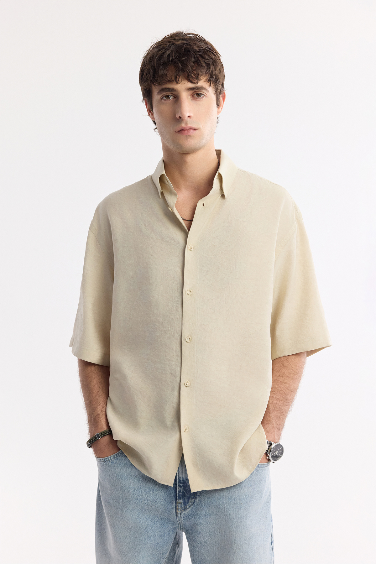 Avva-Men's Beige Boxy Fit Bottom Brit Collar Jacquard Short Sleeve Shirt A51Y2119 6