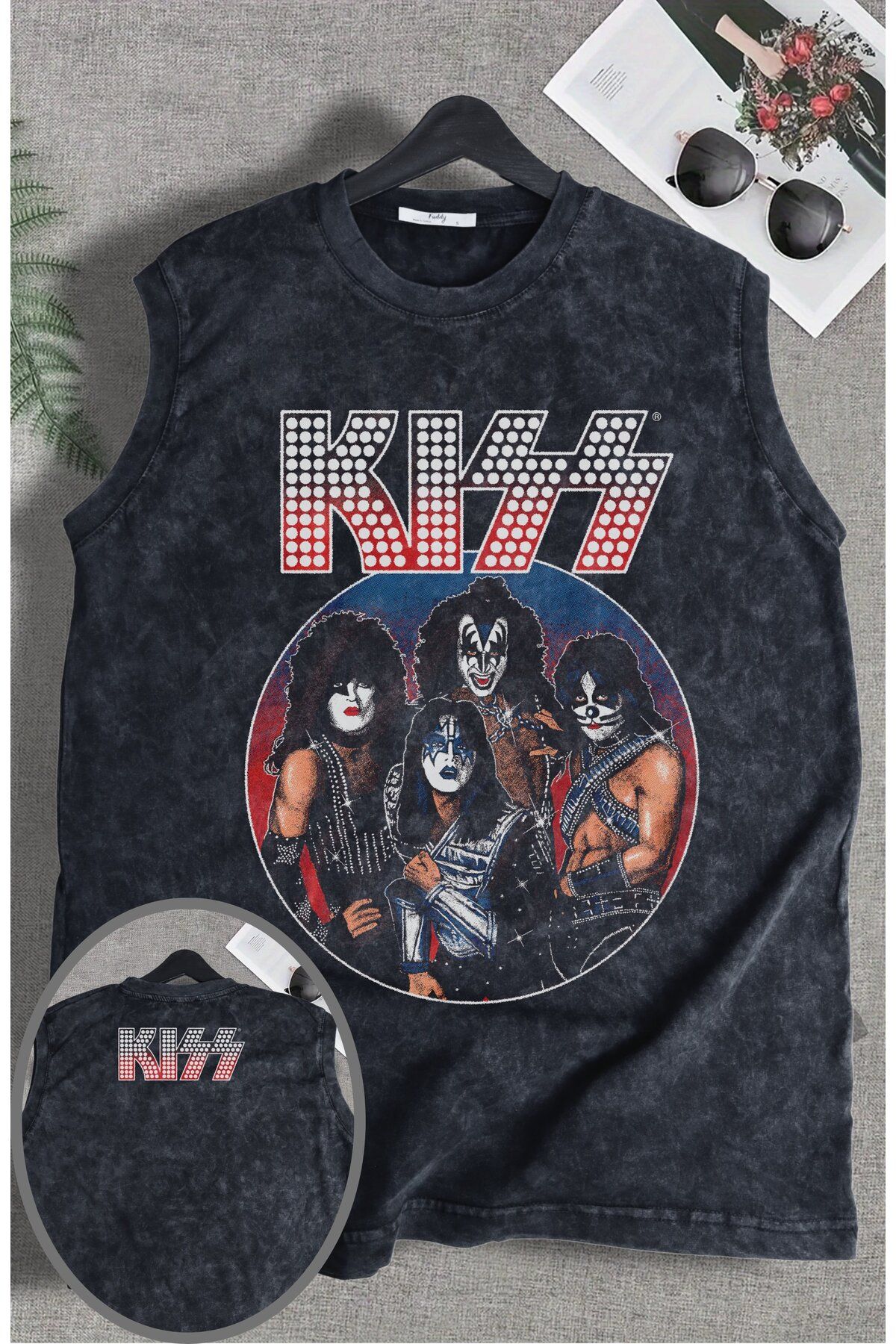 Fuddy Moda Kiss Ense Baskılı Yıkamalı Kolsuz Tişört, Unisex Rock Band Temalı Sıfır Kol Vintage Atlet