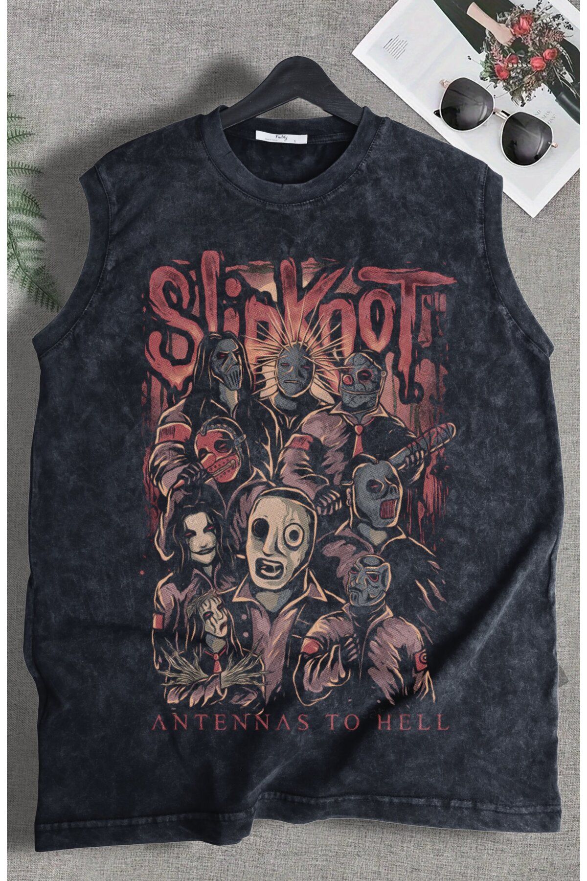Fuddy Moda Slipknot Antennas To Hell Yazılı Yıkamalı Kolsuz Tişört, Unisex Rock Band Temalı Sıfır Kol Atlet