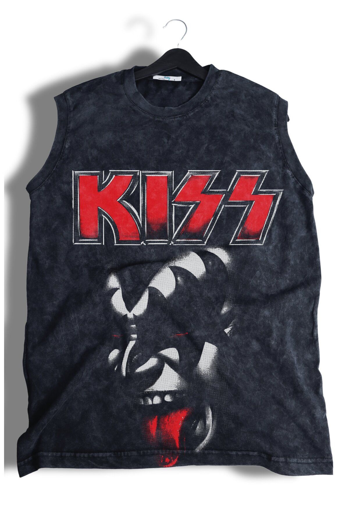 Fuddy Moda Kiss Baskılı Yıkamalı Kolsuz Tişört, Unisex Rock Band Temalı Sıfır Kol Vintage Atlet