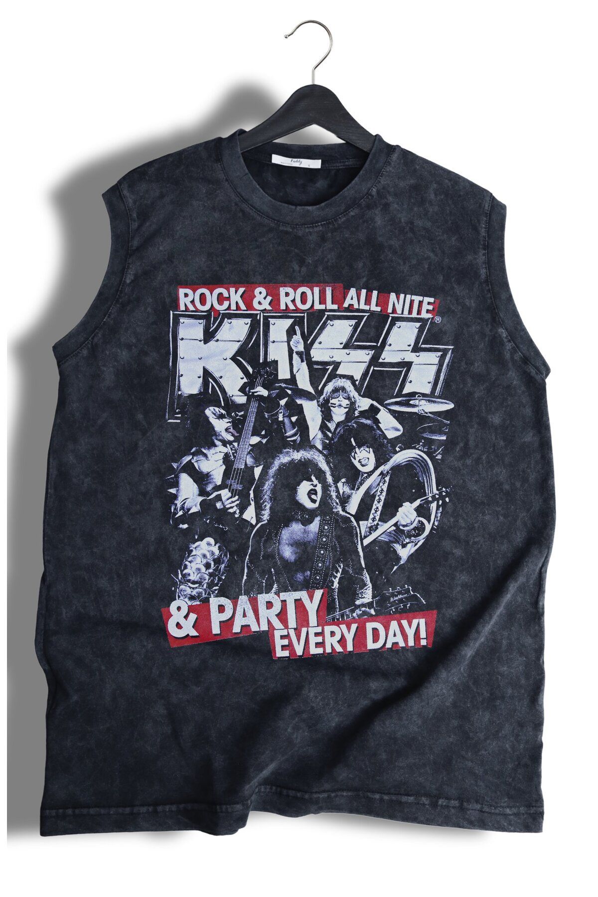 Fuddy Moda Rock And Roll Kiss Baskılı Yıkamalı Kolsuz Tişört, Unisex Rock Band Temalı Sıfır Kol Retro Atlet