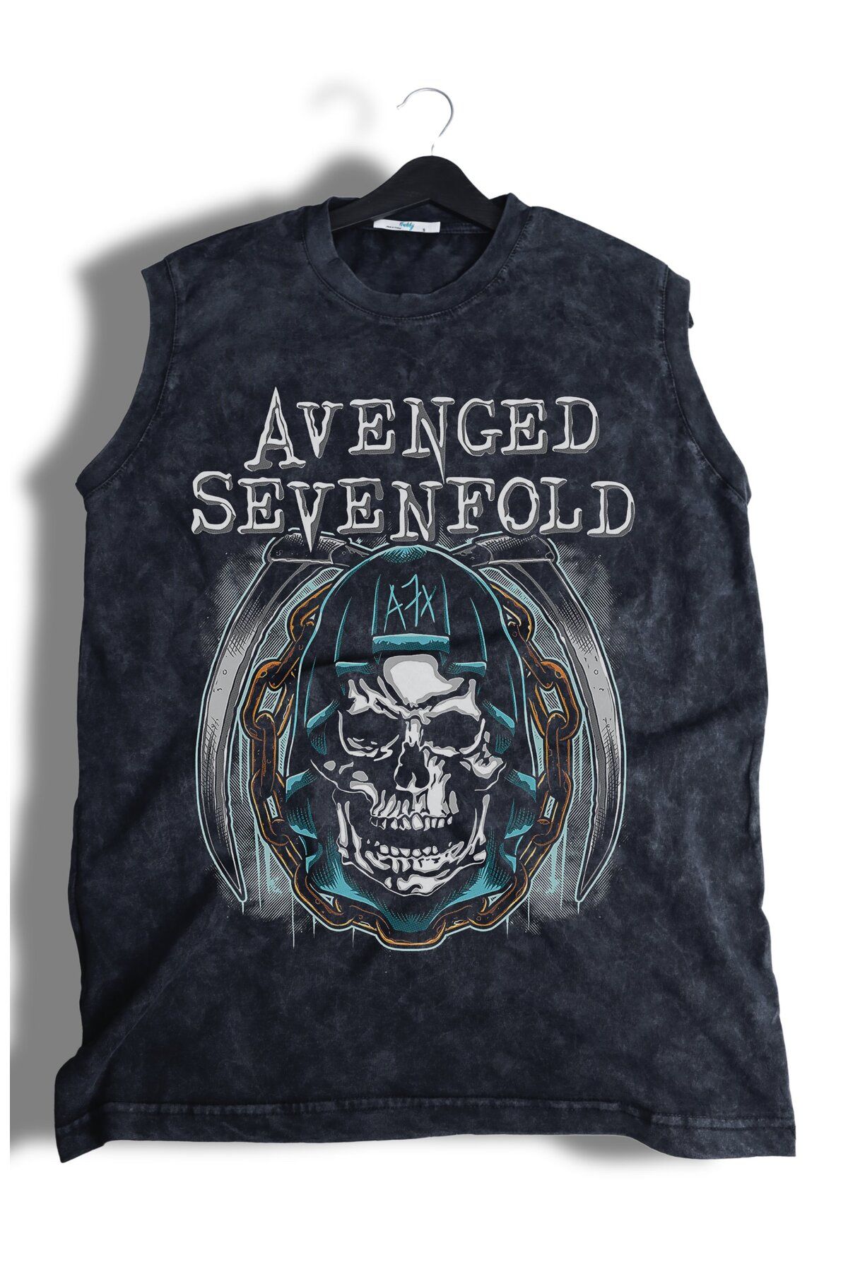 Fuddy Moda A7X Avenged Sevenfold Yazılı Yıkamalı Kolsuz Tişört, Unisex Rock Band Temalı Sıfır Kol Retro Atlet