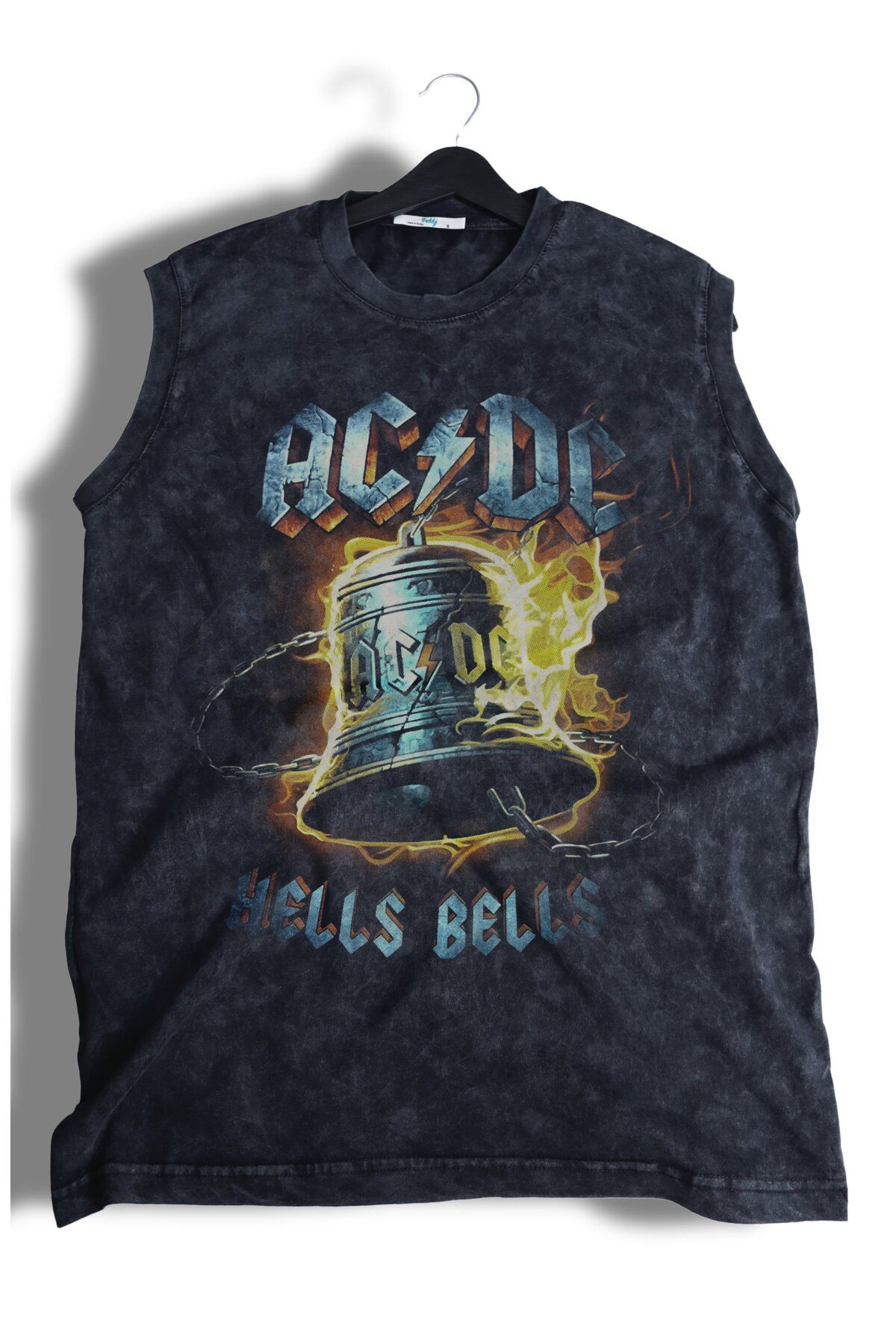Fuddy Moda AC DC Baskılı Yıkamalı Kolsuz Tişört, Unisex Rock Band Temalı Sıfır Kol Retro Atlet