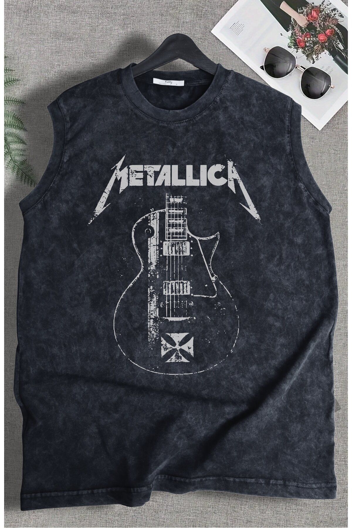 Fuddy Moda Guitar Metallica Baskılı Yıkamalı Kolsuz Tişört, Unisex Rock Band Temalı Sıfır Kol Vintage Atlet