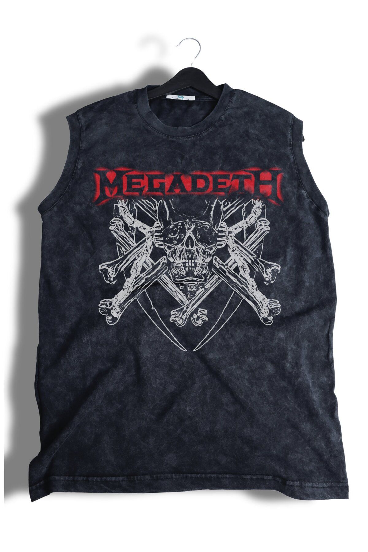 Fuddy Moda Skull Megadeth Baskılı Yıkamalı Kolsuz Tişört, Unisex Rock Band Temalı Sıfır Kol Retro Atlet