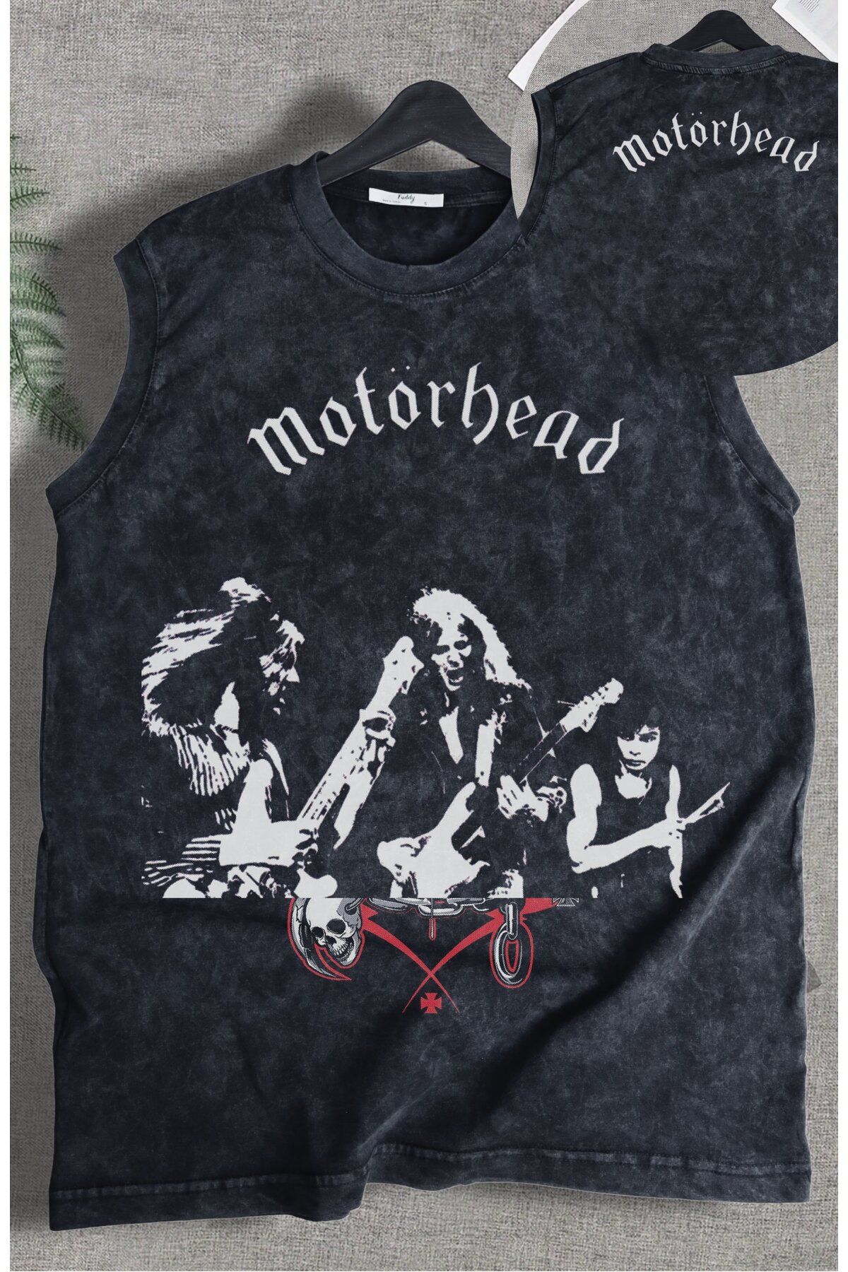 Fuddy Moda Motörhead Ense Baskılı Yıkamalı Kolsuz Tişört, Unisex Rock Band Temalı Sıfır Kol Atlet