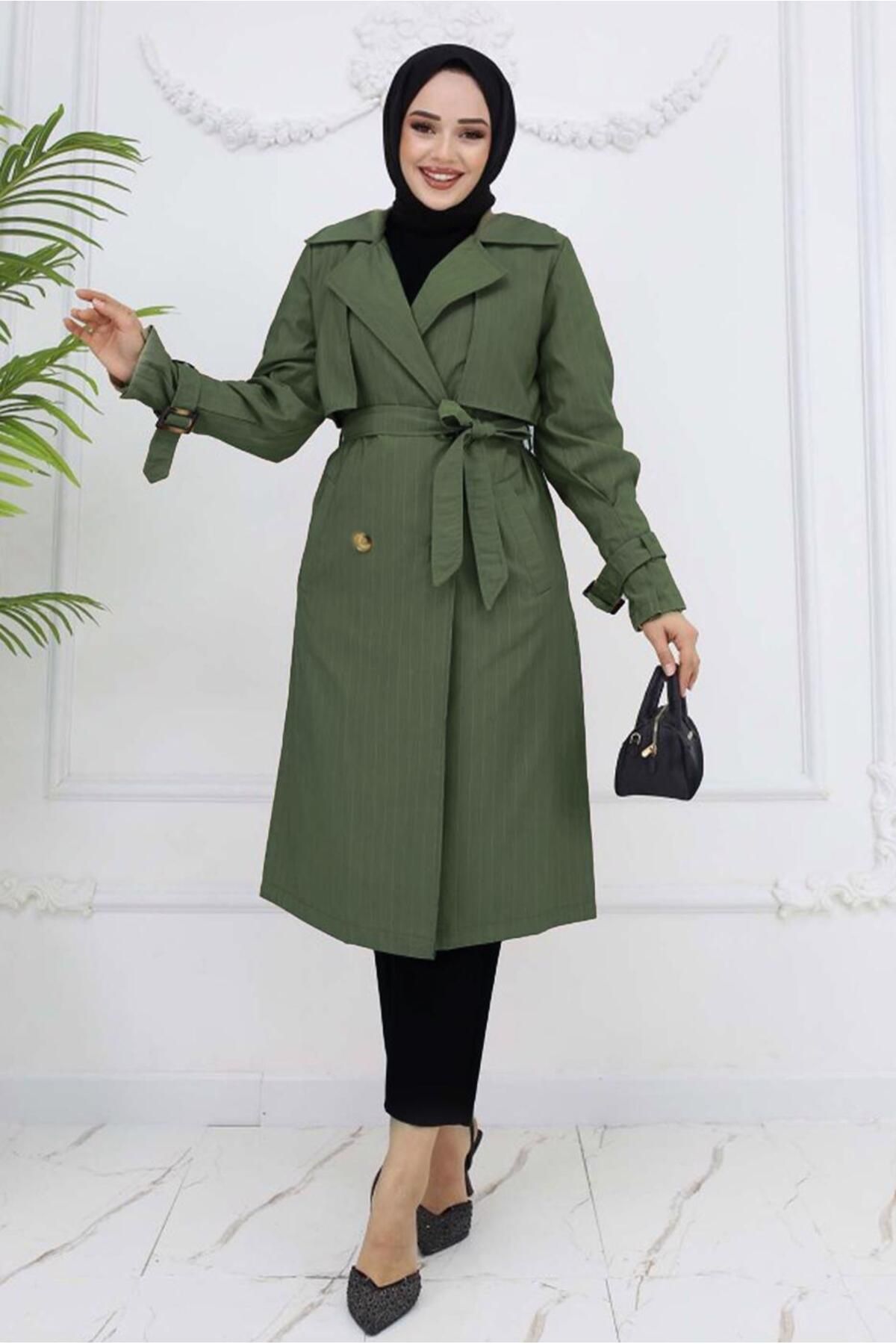 TRENDTESETTÜR KADIN HAKİ KUŞAKLI ÇİZGİLİ TRENÇKOT T 64616