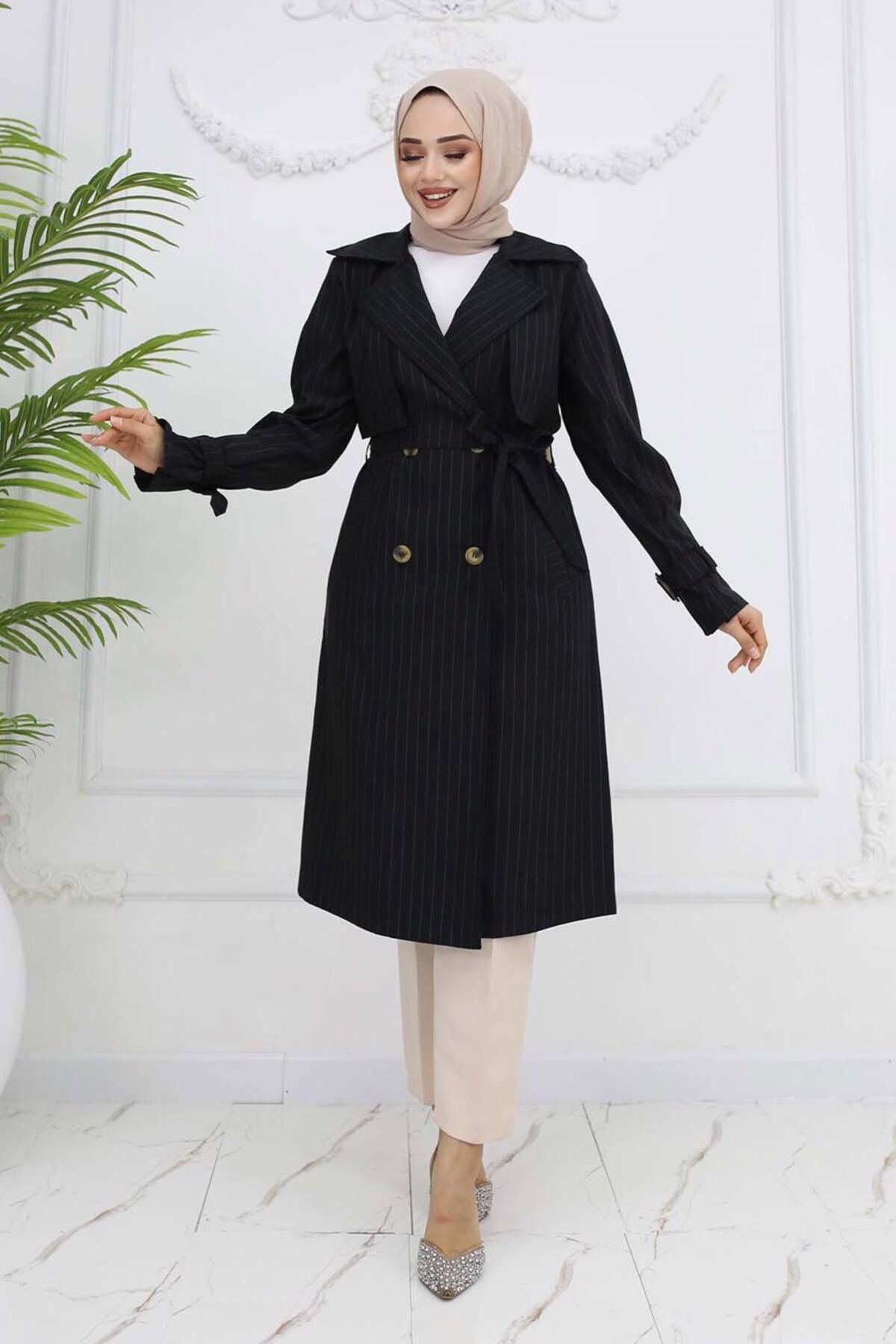 TRENDTESETTÜR KADIN SİYAH KUŞAKLI ÇİZGİLİ TRENÇKOT T 64616
