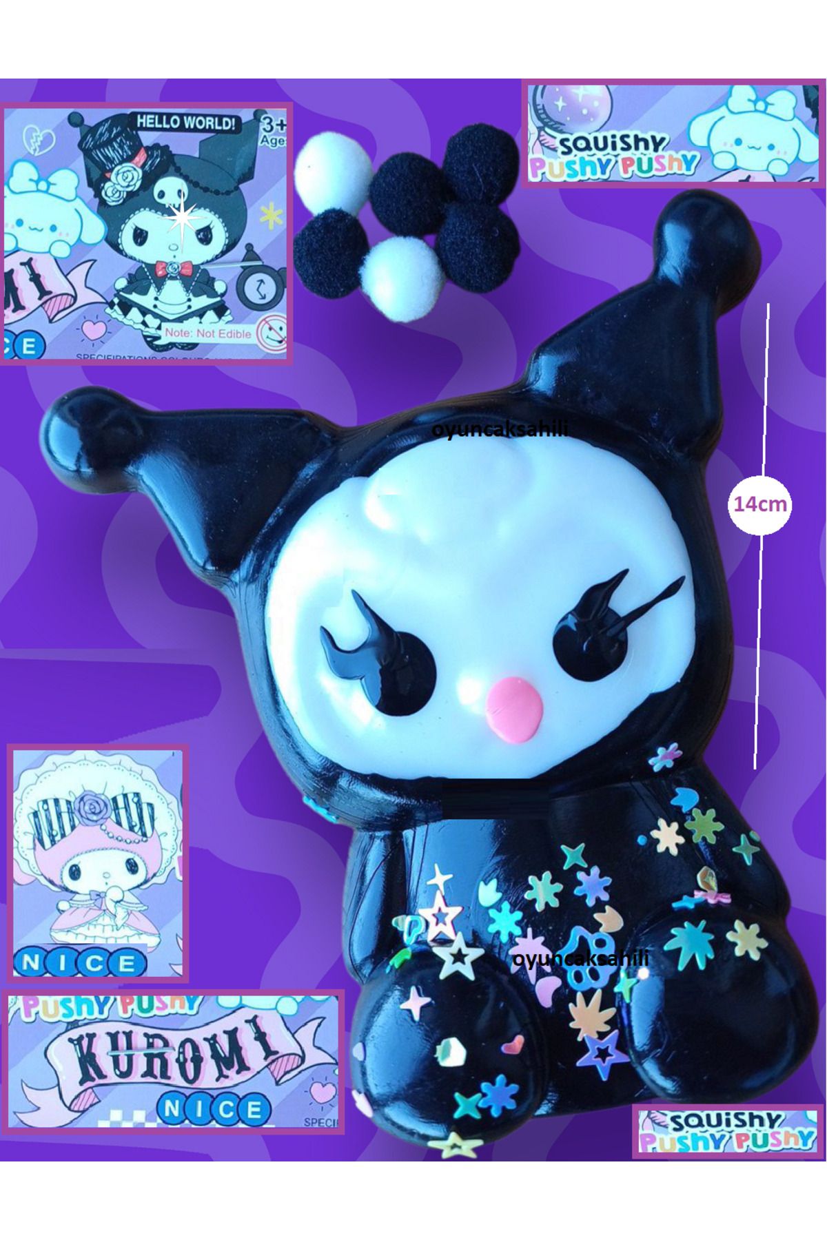 OYUNCAKSAHİLİ Fufu Squishy Kuromi Simli Yıldız Boncuklu 14cm Sukuşi Oyuncak Skuşi Esnek Çekin Uzar