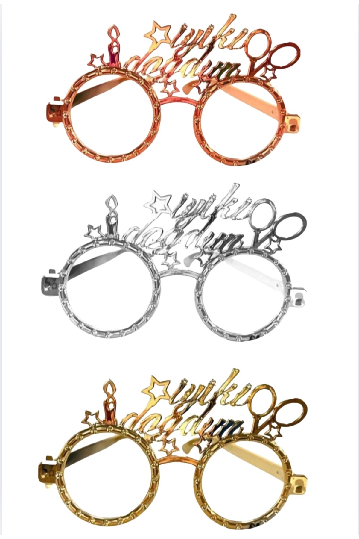 SİNDA İyi Ki Doğdun Parti Gözlüğü - Gümüş, Gold Ve Rose gold - 3'lü Set - 1. Sınıf Malzemeden Üretilmiştir