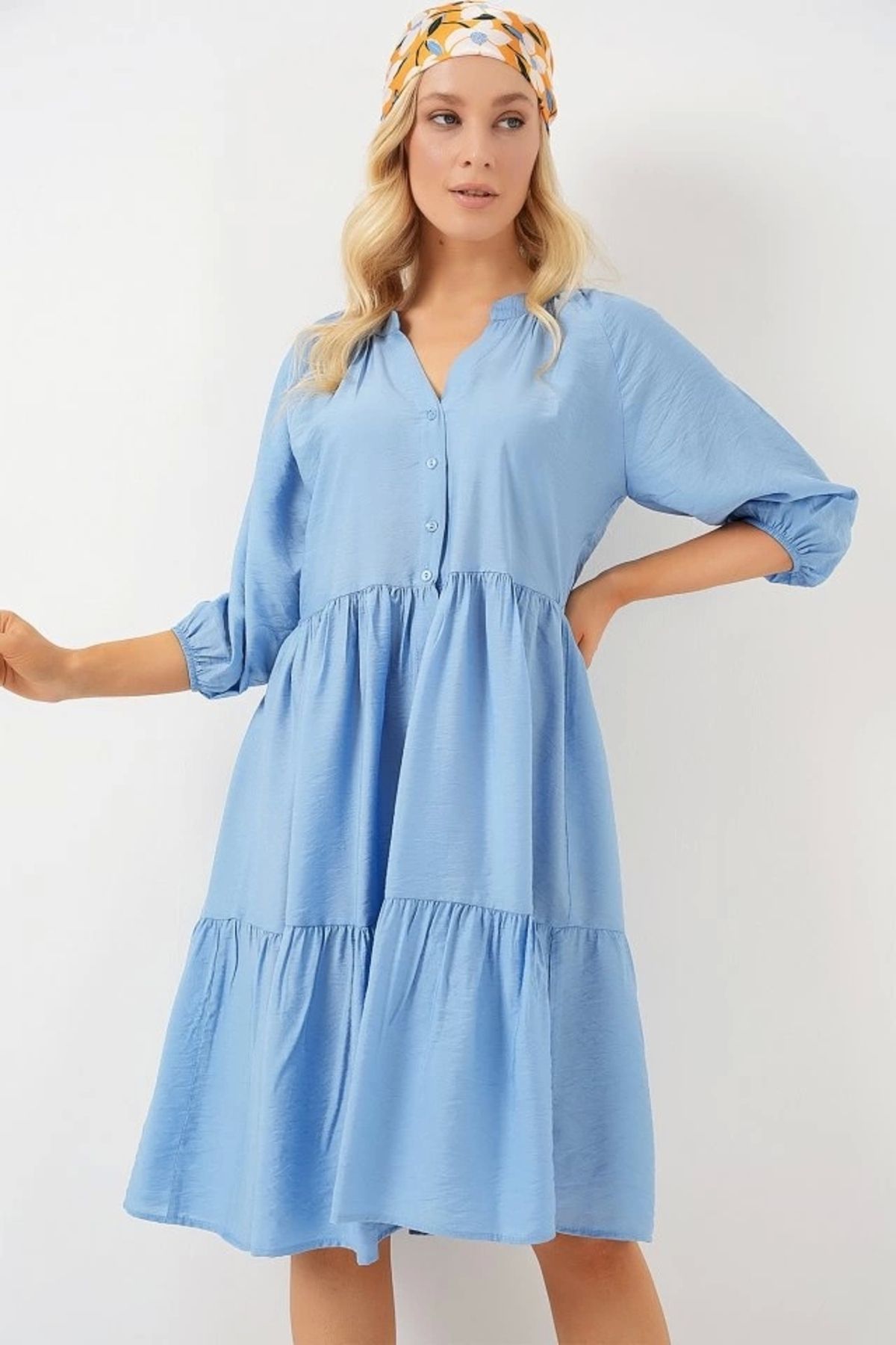 Butik Düğmeli Kısa Kol Elbise 2559 - İndigo