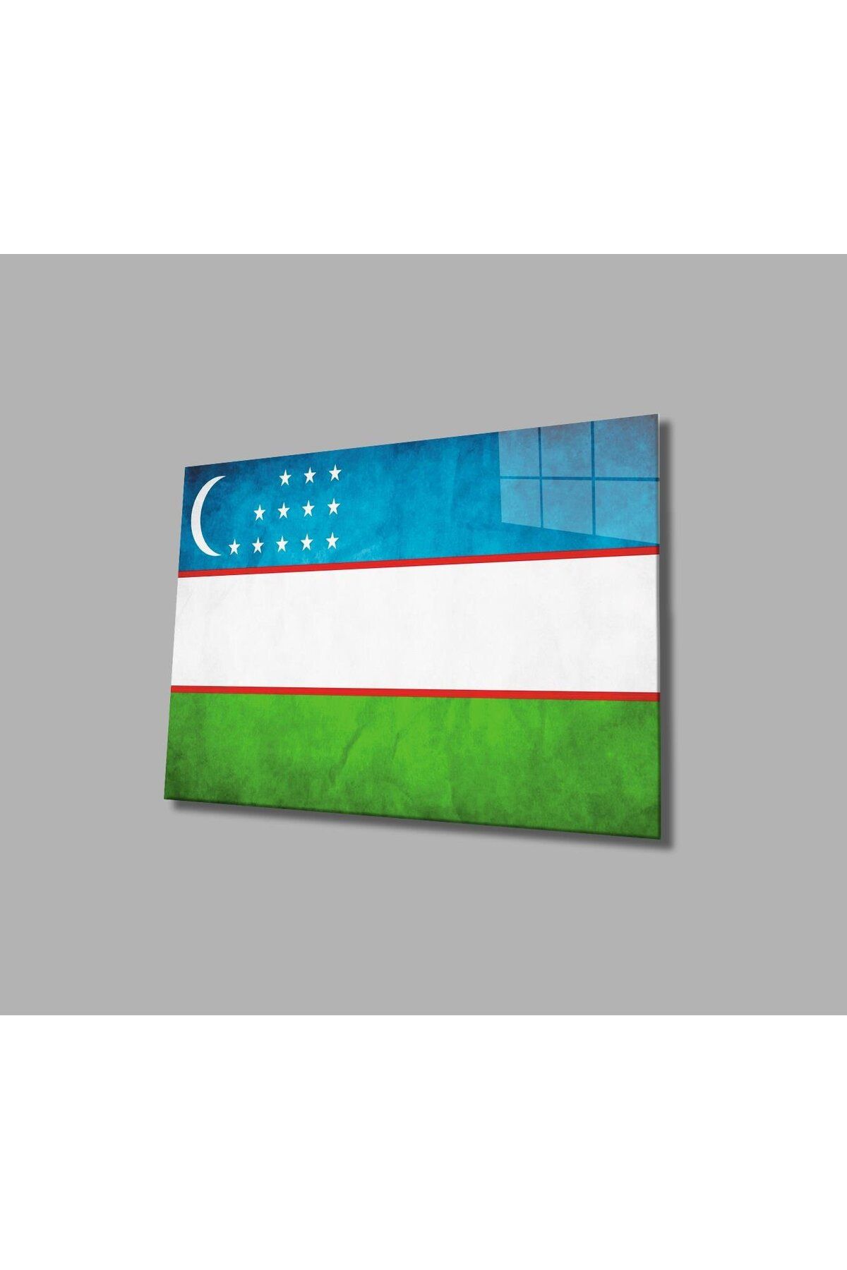 idealizbiz Özbekistan Bayrağı Cam Tablo 4mm Dayanıklı Temperli Cam, Uzbekistan Flag Glass Wall Art