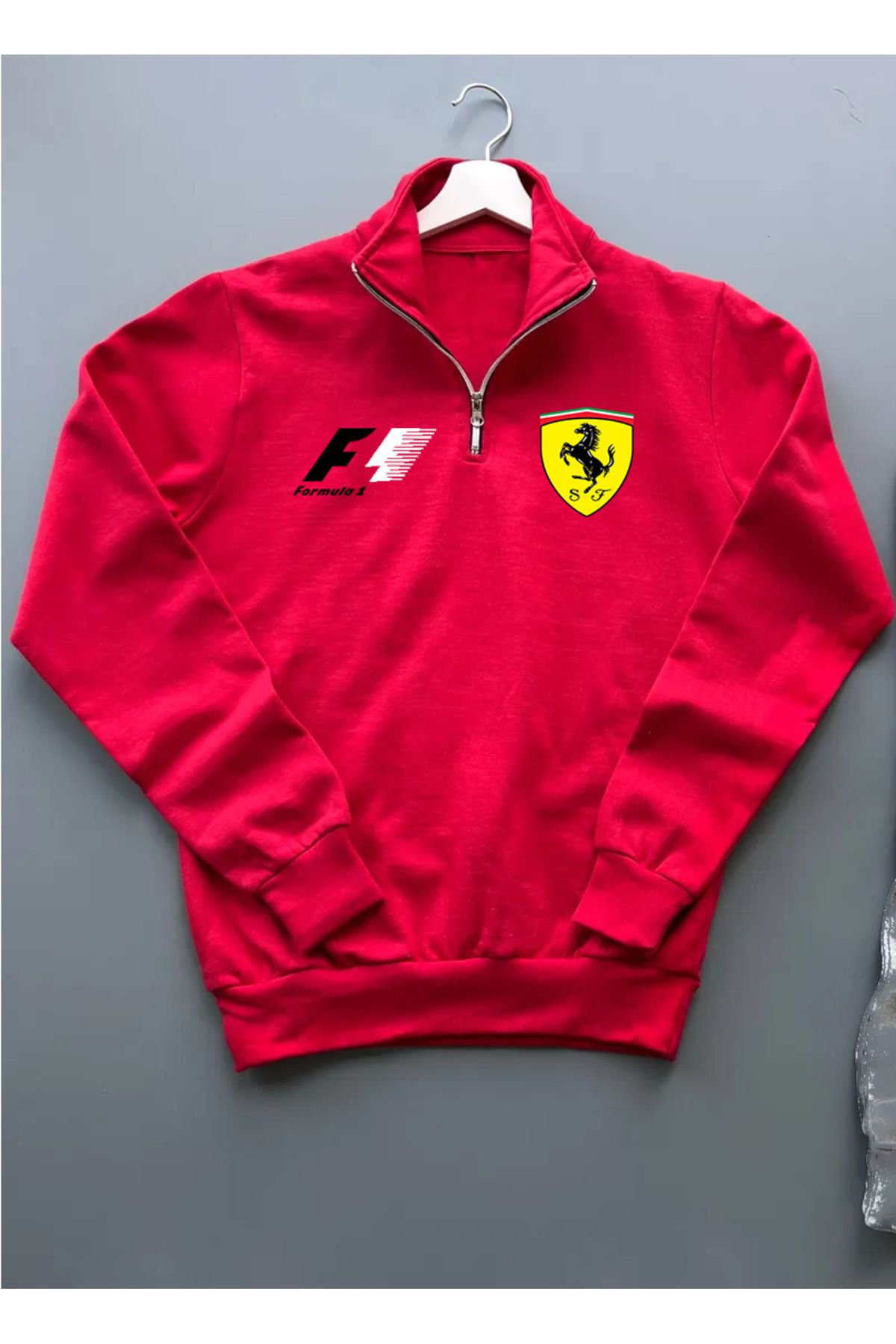 Pisa Art FERARİ LOGOLU FORMULA 1 F1 ÖZEL TASARIM %100 PAMUK YARIM FERMUARLI SWEATSHİRT