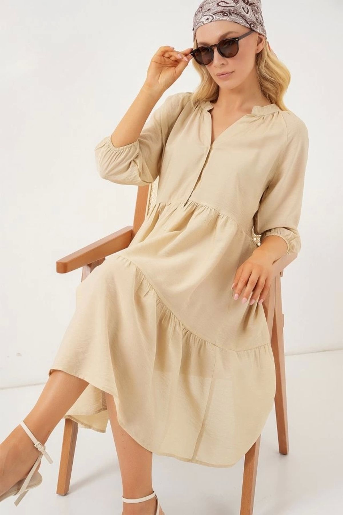 Butik Düğmeli Kısa Kol Elbise 2559 - Krem