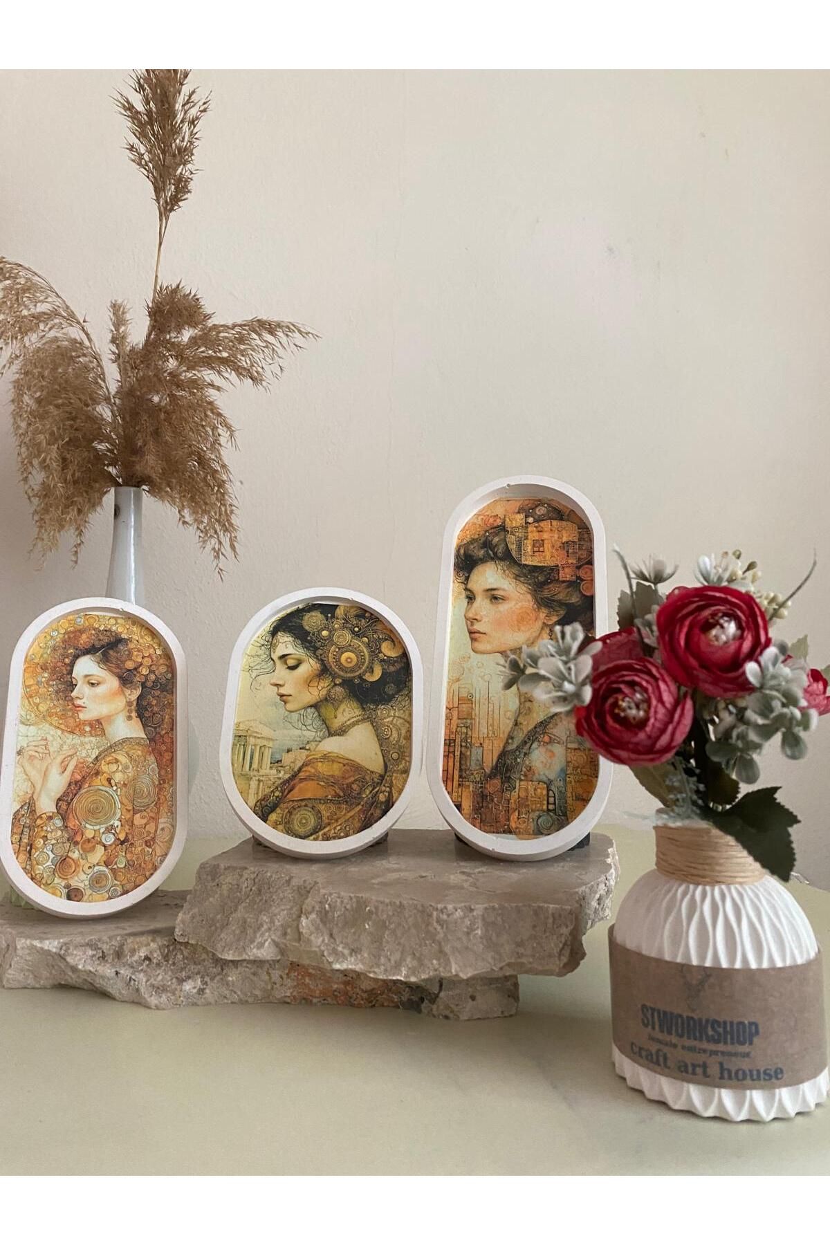 HOMEAND Dekoratif El Yapımı Retro Tasarımlı 3’lü Oval Sunumluk & Duvar Süsü Seti + HEDİYE Biblo Vazo