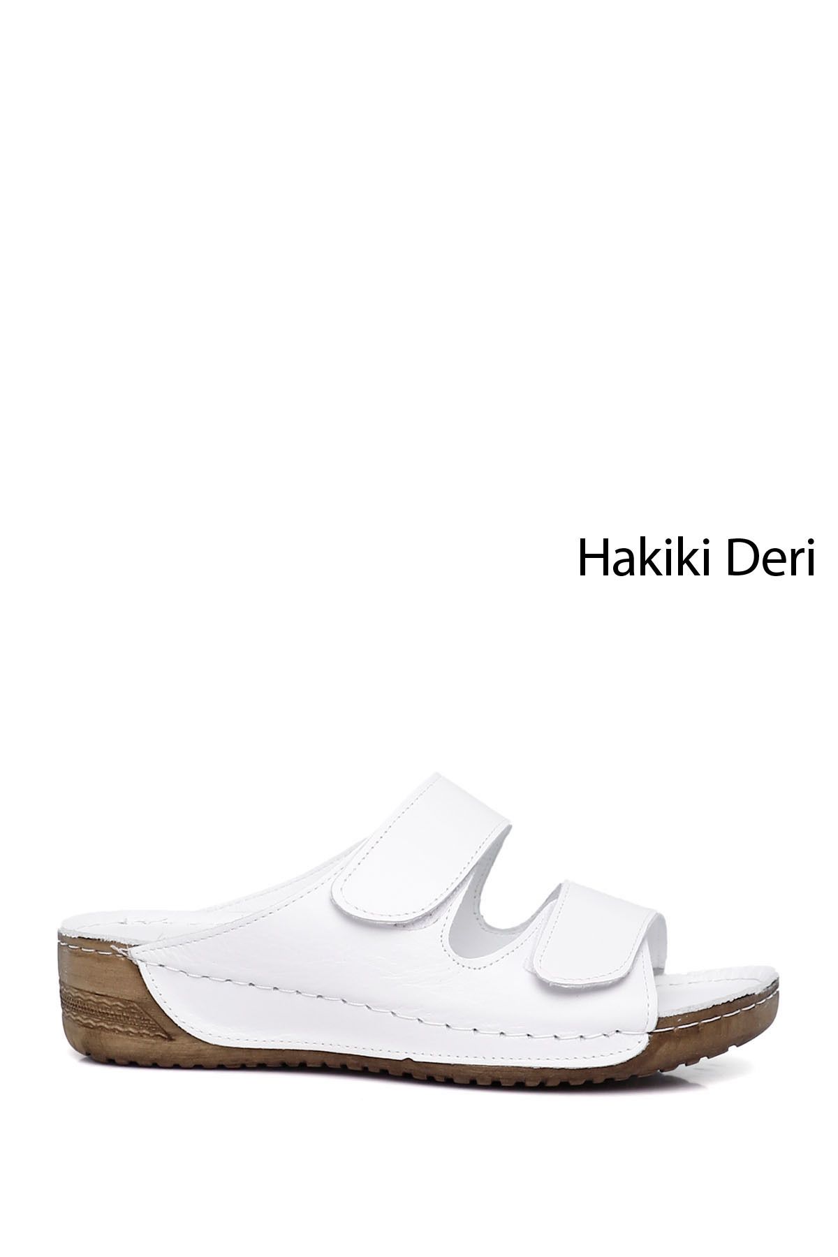 GÖNDERİ(R) Kadın / Kız Beyaz Cırtlı Dolgu Taban Hakiki Deri Terlik
