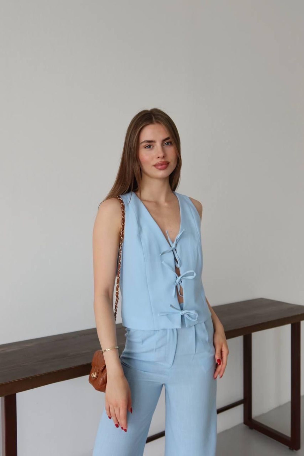 Ekim Store Bağcıklı Keten Yelekli Pantolonlu İkili Takım