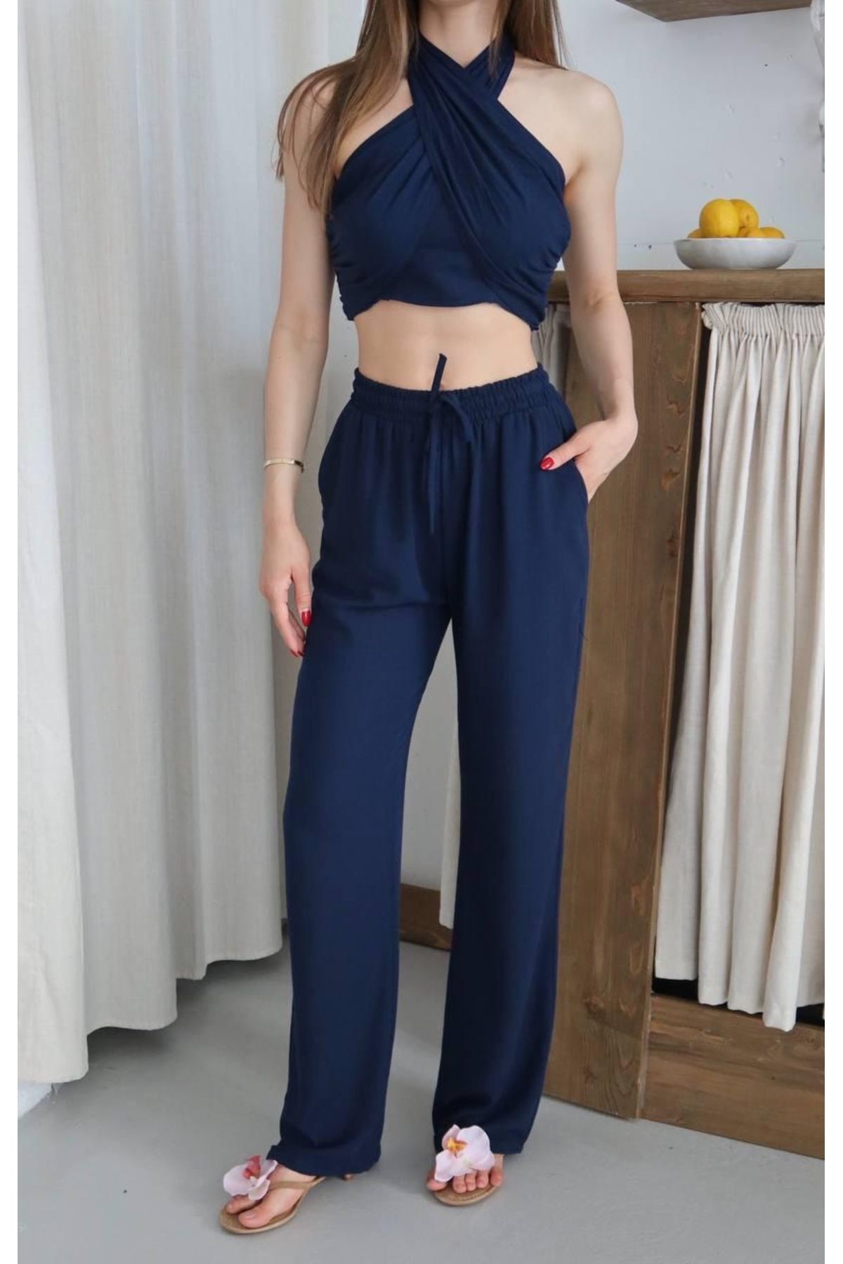 Ekim Store Boyundan Bağlamalı Keten Bluz Pantolon İkili Takım