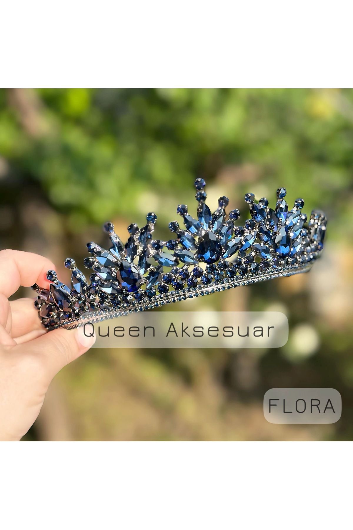 QUEEN AKSESUAR Flora safir gece mavi lacivert kristal taşlı lüks tasarım nişan gelin tacı metal taç otantik motifli