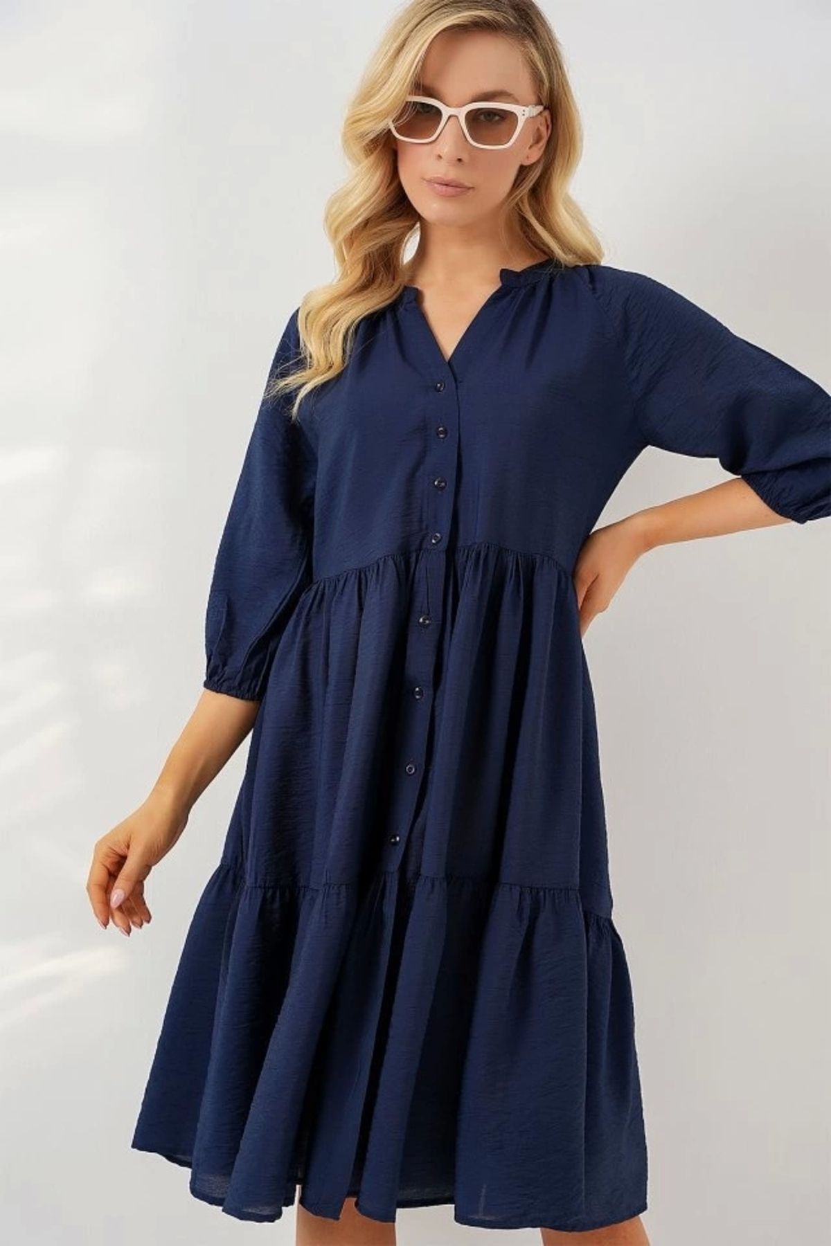 Butik Düğmeli Kısa Kol Elbise 2559 - Lacivert