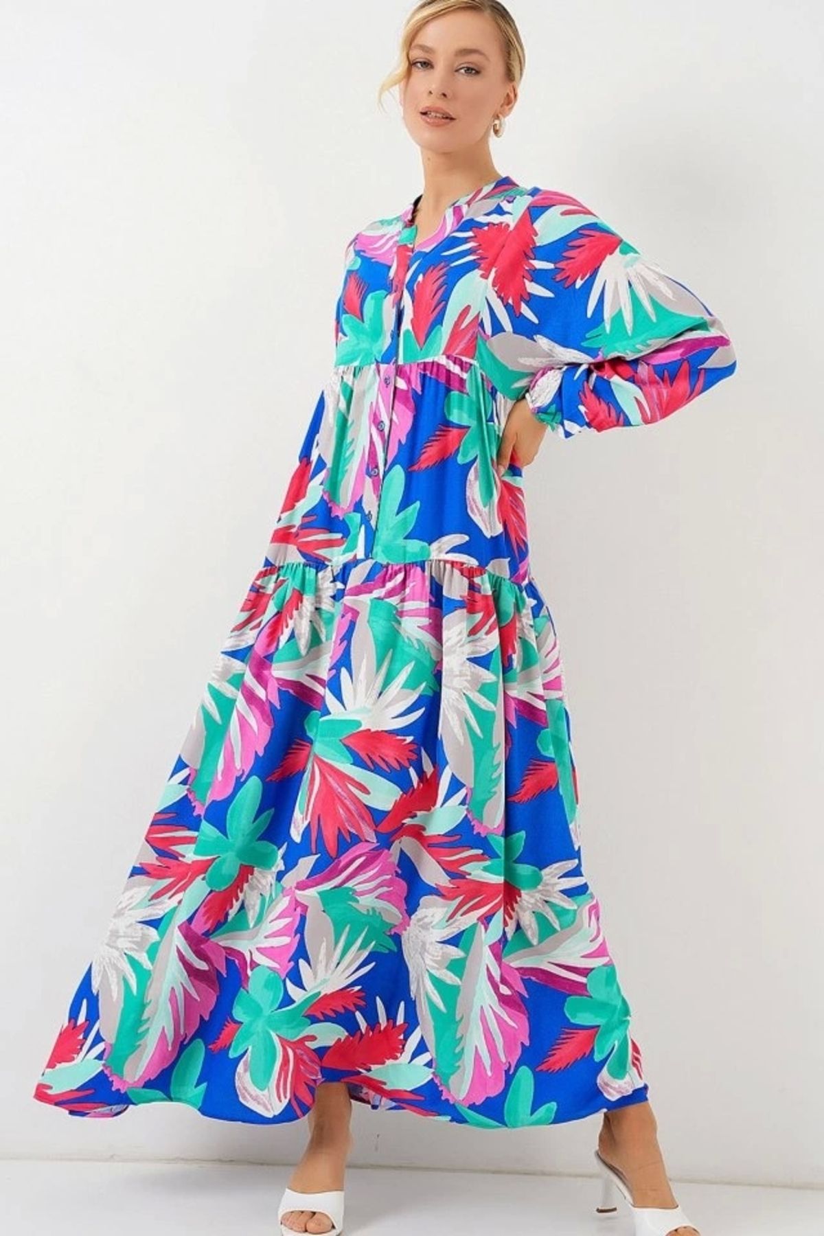 Butik 2423 Otantik Desenli Tesettür Elbise - D.Pembe