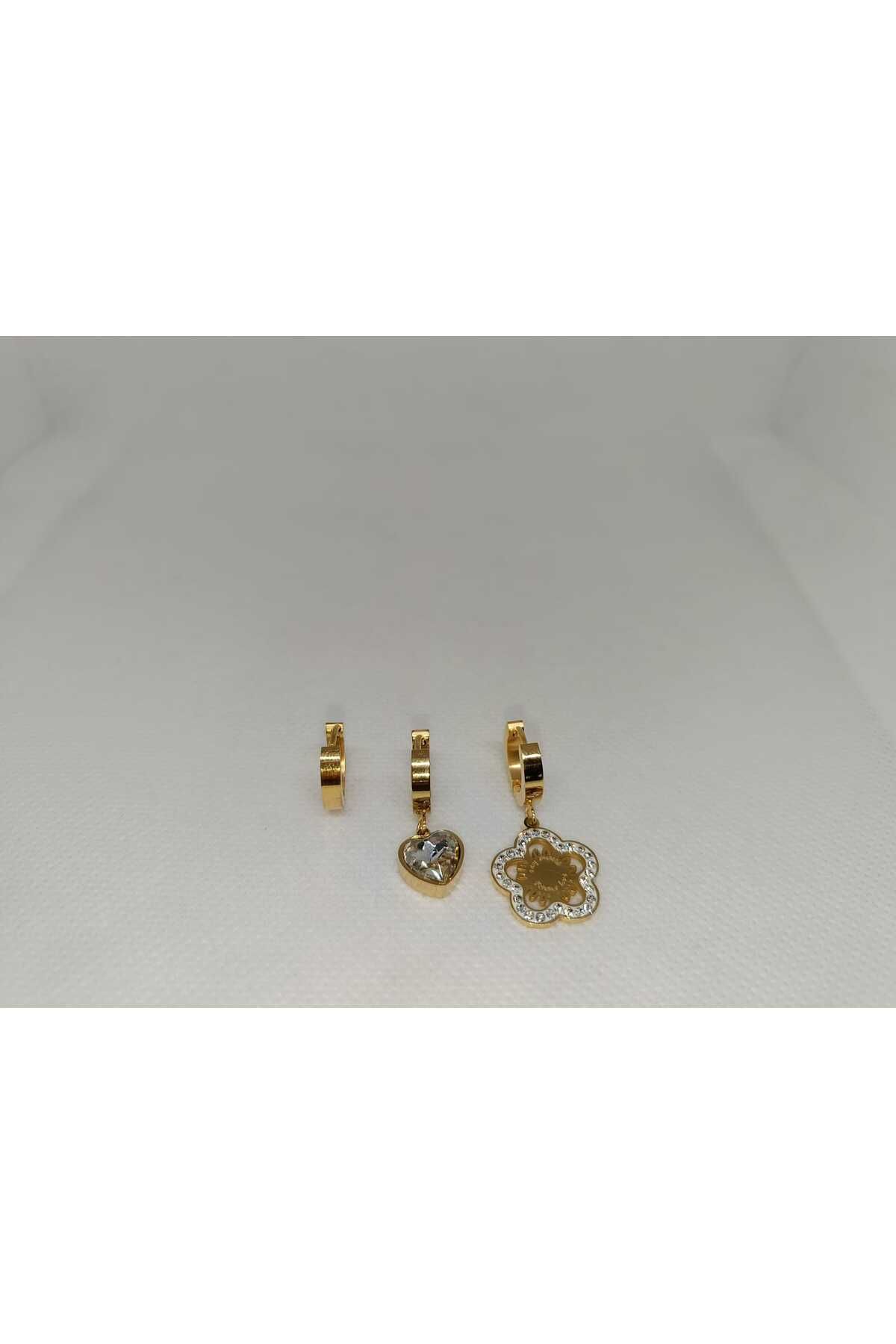 Store 316L Üçlü Çiçek Ve Kalp Temalı Zirkon Taşlı Paslanmaz Çelik Gold Küpe
