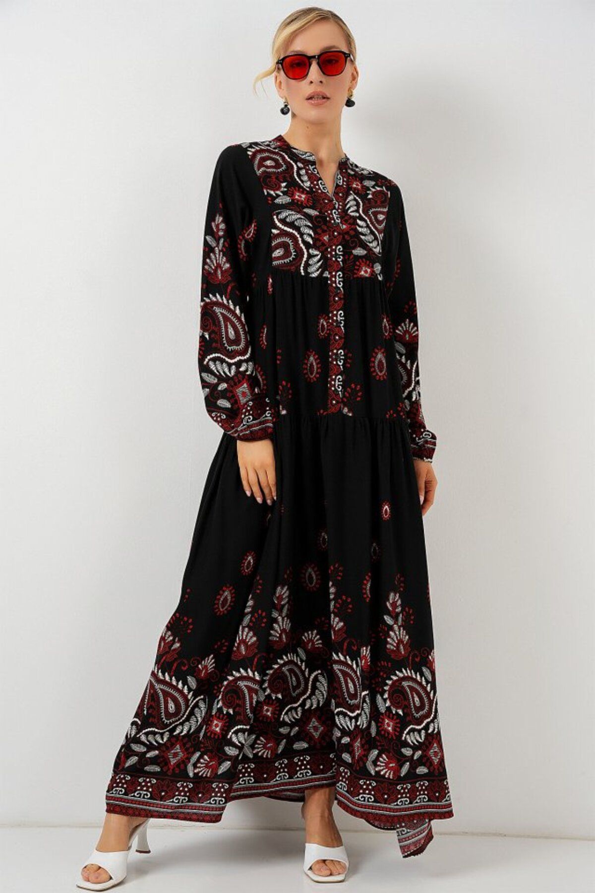 Meleners 2423 Otantik Desenli Tesettür Elbise - Siyah - Bordo