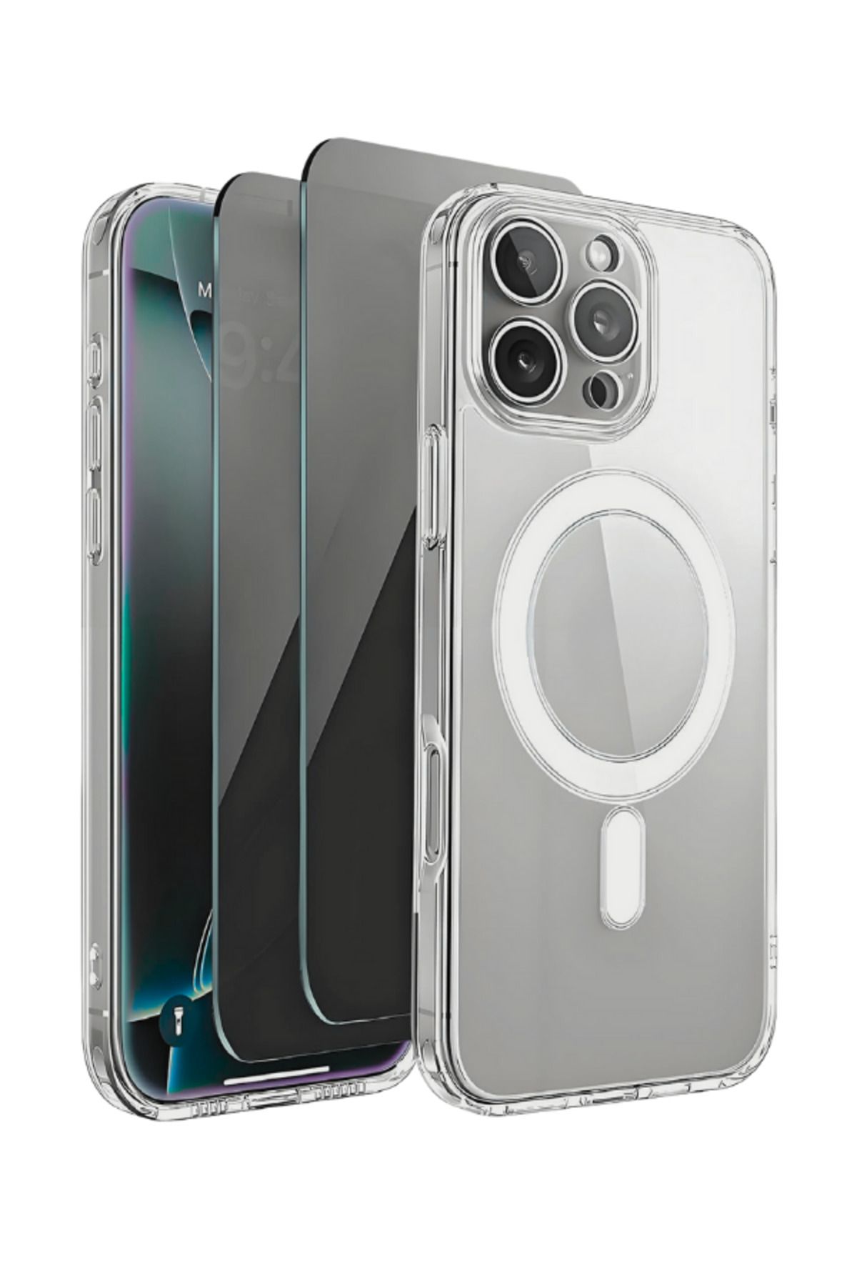 EVAX 2H1M iPhone 15 Pro Max Uyumlu 2 Hayalet Cam Ekran Koruyucu & 1 Magsafe Kılıf