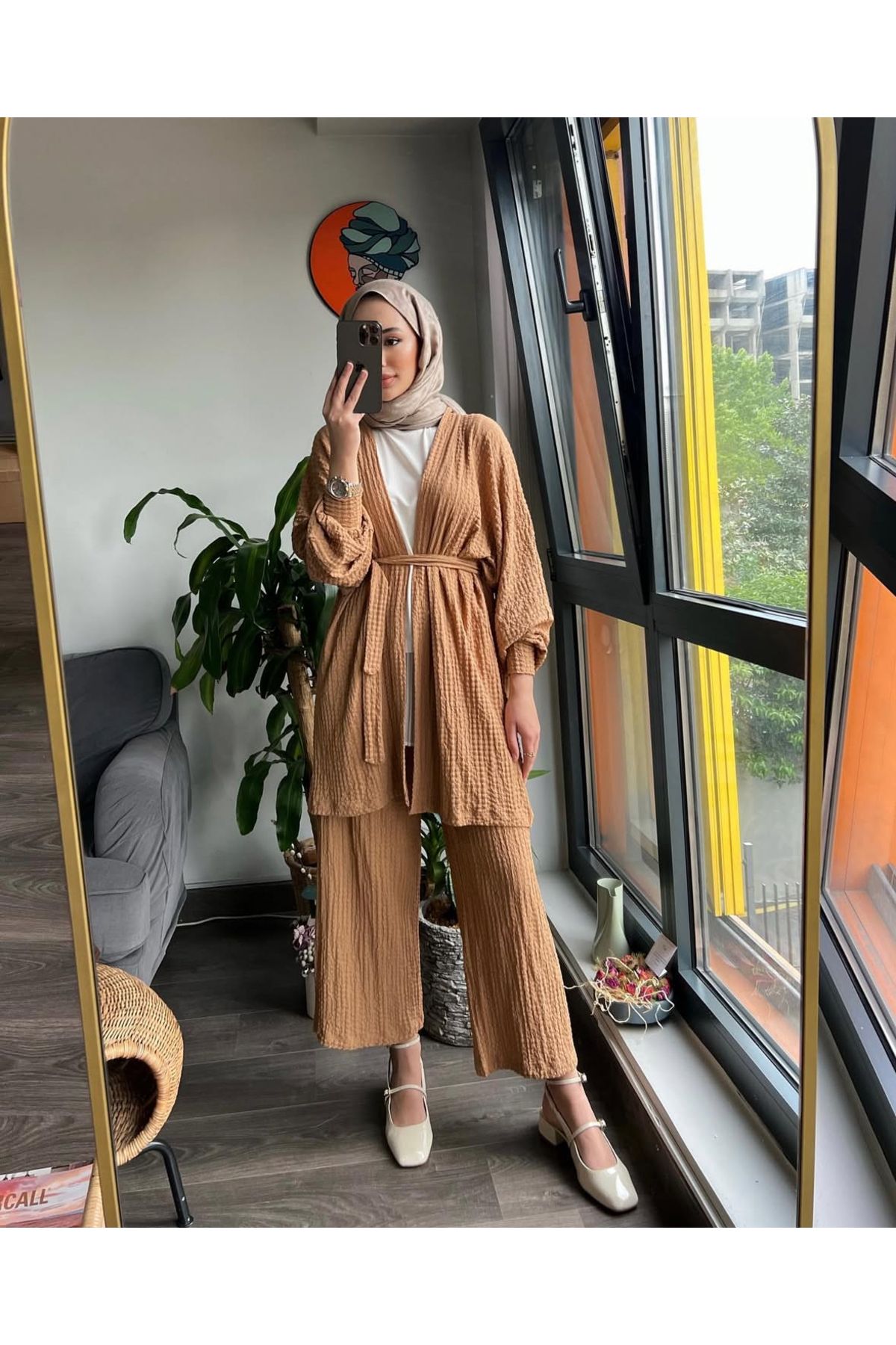 NİSUM MODA Gofre Dokulu Kuşaklı Hırka ve Pantolon İkili Takım