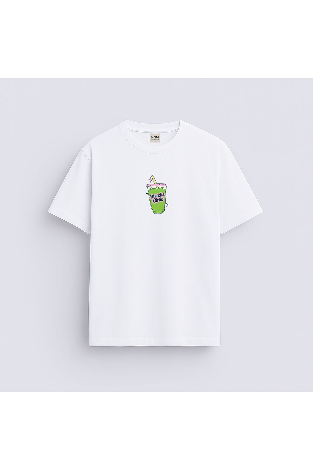 sielta Maça Çayı Matcha Baskılı Unisex Kadın Erkek Bisiklet Yaka T-shirt Tişört