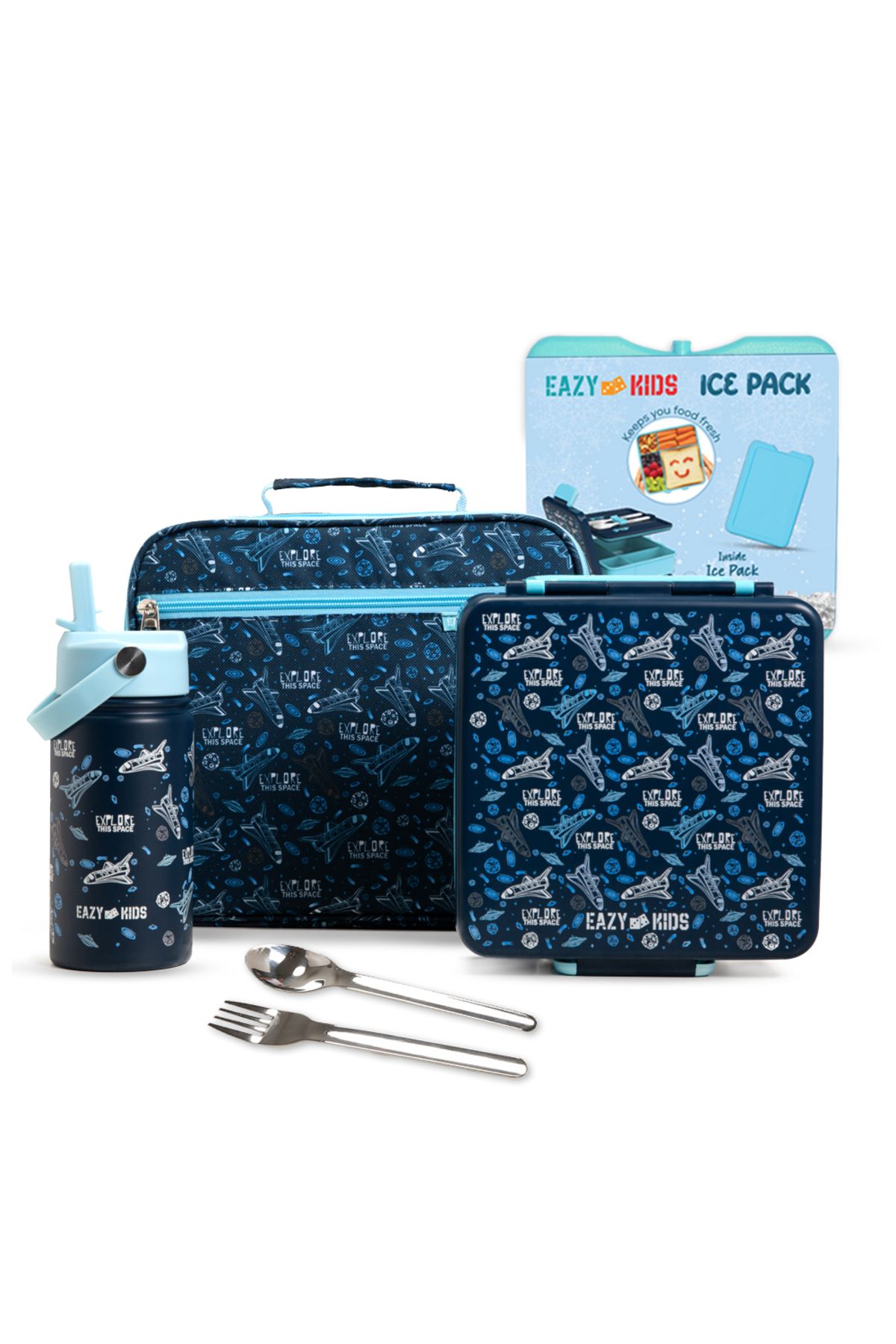 Eazy Kids Jumbo Bento Lunch Box w/ 360ml Steel Water Bottle, Spoon and Fork Set, and Insulated Lunch Bag